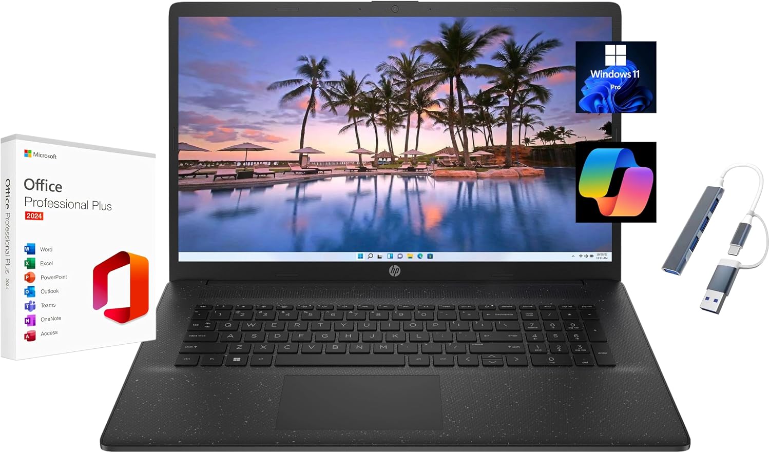 HP 17.3' HD+ Laptop, with Free Lifetime Microsoft Office 2024, Intel Core i5-1334U(Beat AMD Ryzen 5 7520U), 16GB RAM, 512GB SSD, Intel Iris Xe Graphics, Windows 11 Pro, Jet Black, with USB Hub