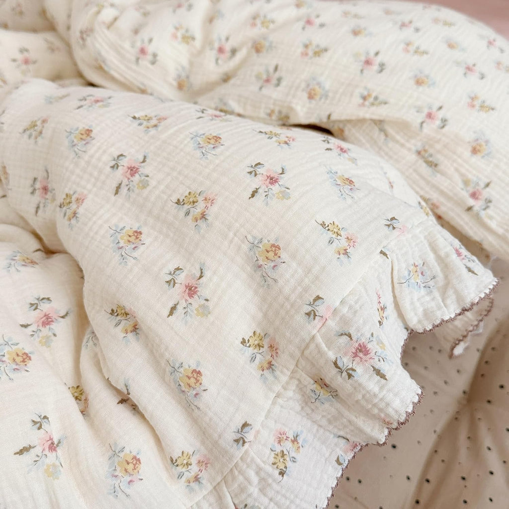 BuLuTu Azalea Floral Print Duvet Cover King Size, Chic Shabby Bedding Set 3 Pieces, Cotton Muslin Comforter Cover with Ruffles, Soft Lightweight Quilt Cover King, All Seasons