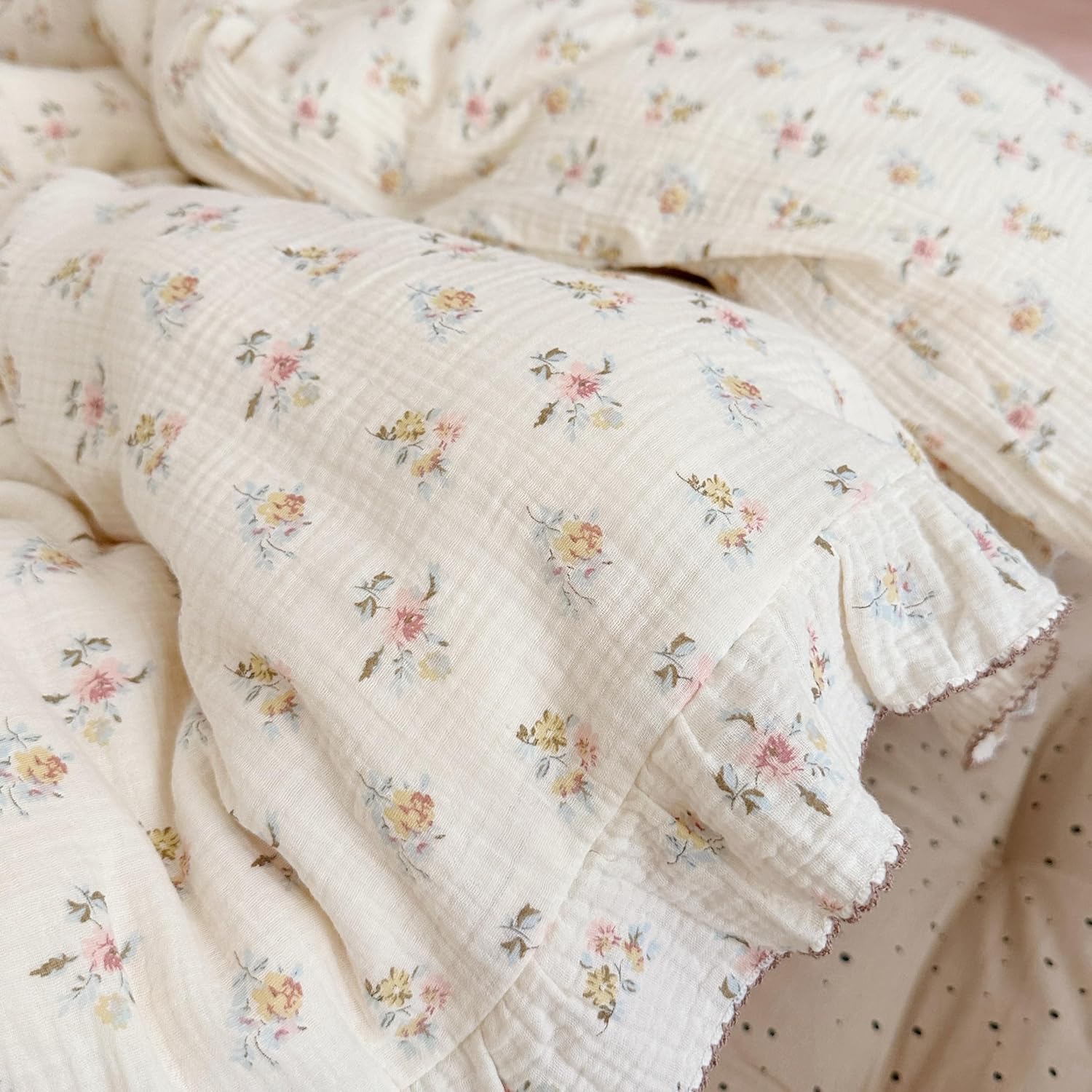 BuLuTu Azalea Floral Print Duvet Cover King Size, Chic Shabby Bedding Set 3 Pieces, Cotton Muslin Comforter Cover with Ruffles, Soft Lightweight Quilt Cover King, All Seasons