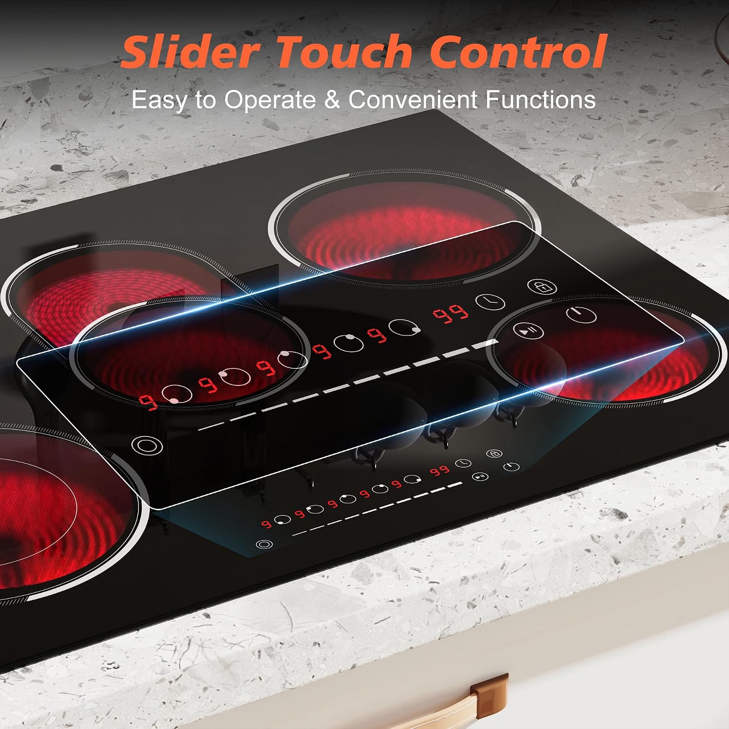 30 Inch Electric Cooktop, 5 Burner 8400W Built-in Electric Stovetop, Ceramic Cooktop with Expanded Zone, Slide Touch Control, Timer, Child Safety Lock, Pause, 220V - 240V Hard Wire, No Plug