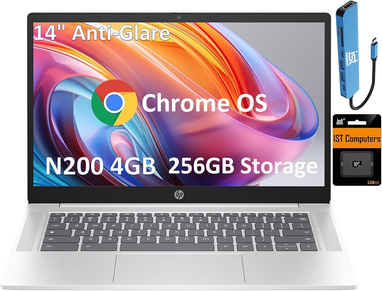HP Chromebook 14 Laptop (14' Anti-Glare Display, Intel Processor N200, 4GB RAM, 256GB Storage (128GB +128GB SD Card)) Business, Home & Students, 12-Hr Long Battery Life, IST HUB, Webcam, Chrome OS