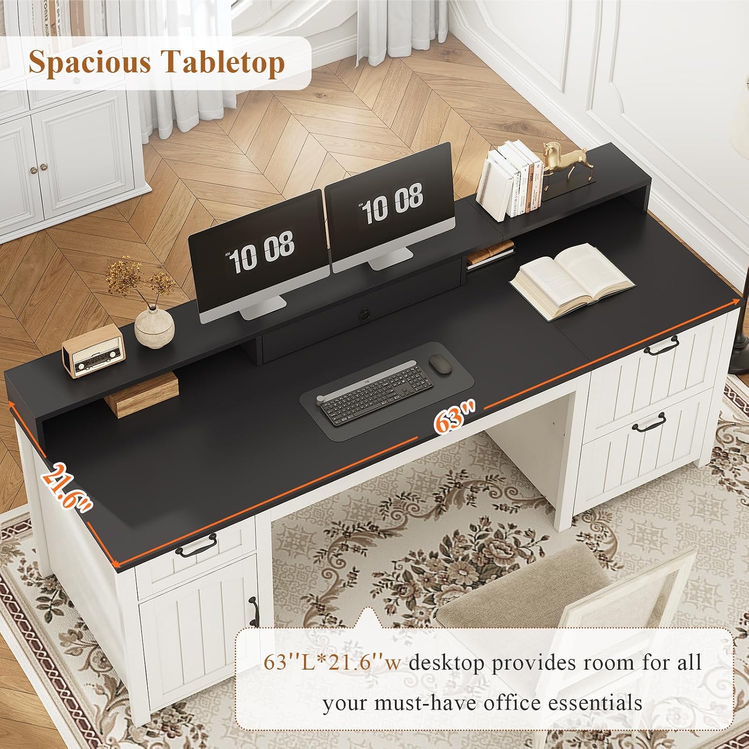 SEDETA Farmhouse 63' Executive Desk, Home Office Desk with File Drawer and Monitor Stand, Computer Desk with Drawers and Storage Cabinet, Wood Desk for Work Study Writing, White