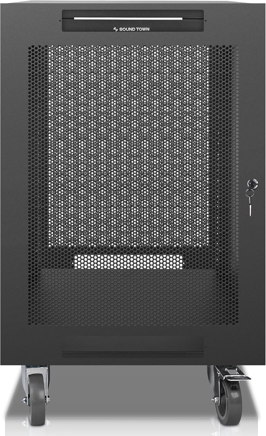 Sound Town 16U Universal Steel Rack, w/Mesh Doors, Locking Casters, Vented Side Panels for Audio Video, Server and Network Equipment (STRK-M16UWD)