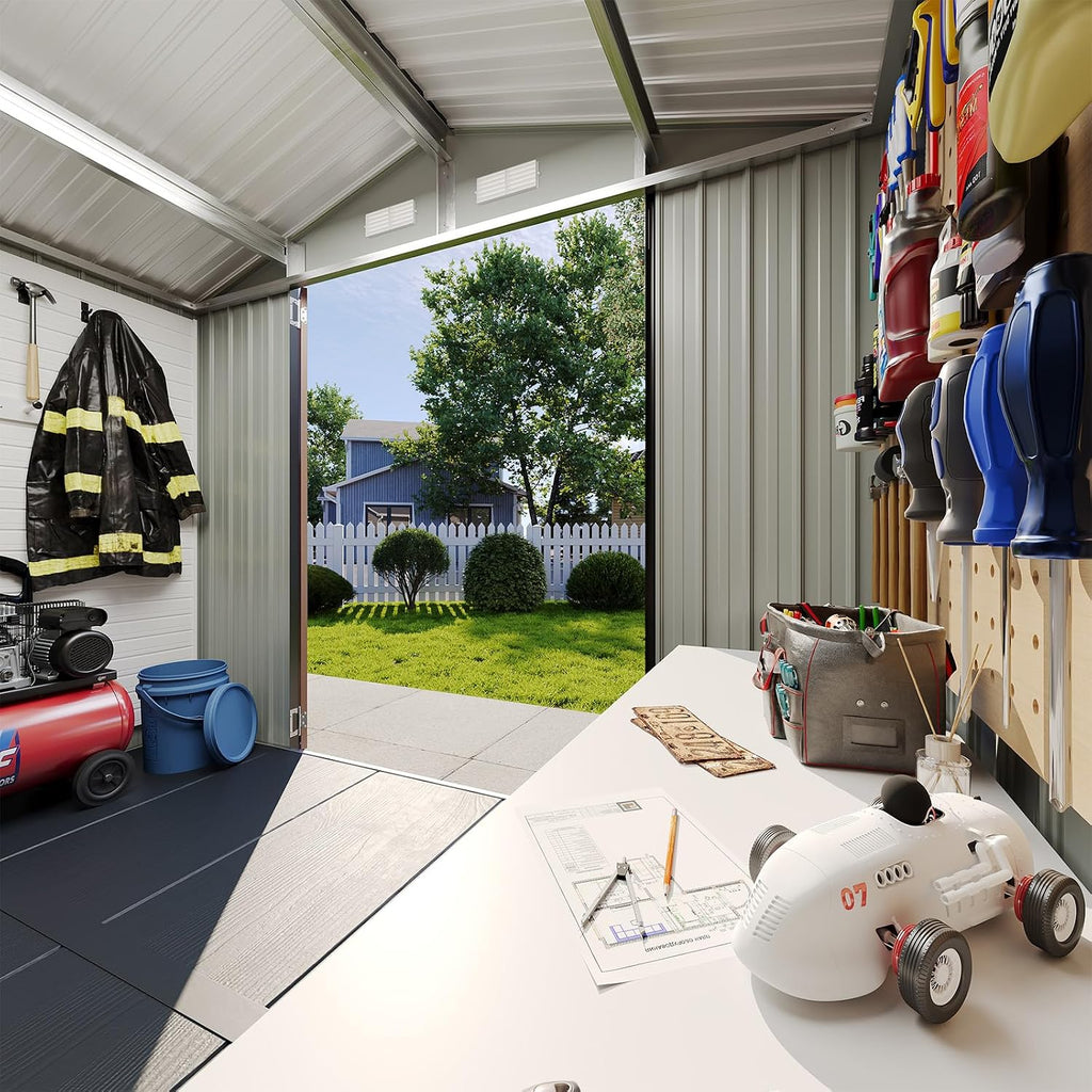 8x6 Galvanized Metal Shed with 15mm Moisture-Proof Floor – Heavy Duty Outdoor Storage Shed, Double Doors & Sloped Roof, Ventilation Design for Bike, Generator, Garden Tools (8x6 with Floor)