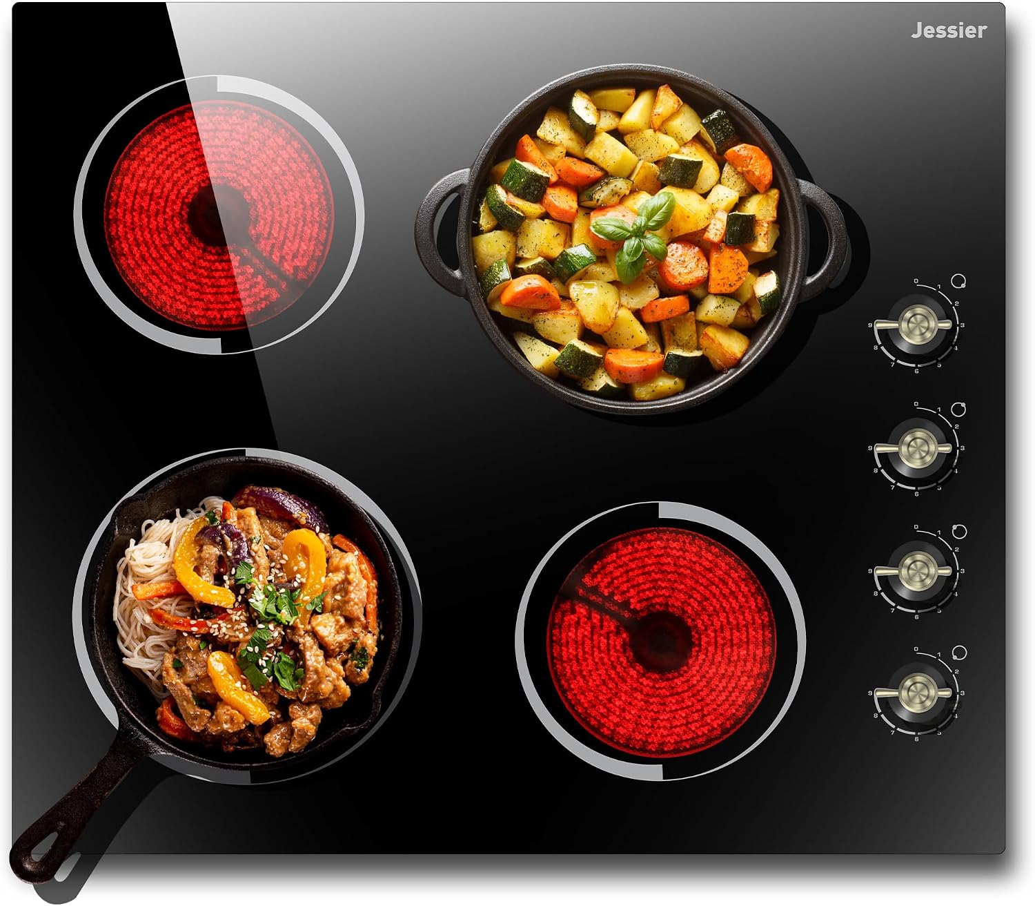 Electric Cooktop 24 Inch - 4 Burner Drop-in(22.05'x19.3') Radiant Electric Cooktop 6000W Knob Control, 220V Electrical Ceramic Stove Top, 9 Heating Levels, Residual Heat Indication (No Plug)