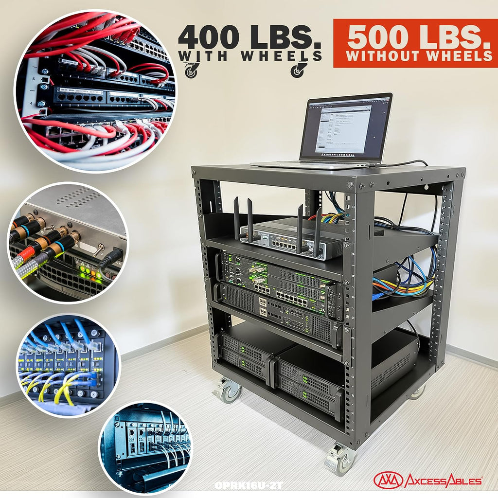 AxcessAbles 12U Open Frame Network & AV Rack with Caster Wheels, Two 2U Shelves, 10-32 & Cage Nut Compatible Rails, Cage Nuts, Screws, Cage Nut Tool & Wall Mount Kit | 19-Inch Rack