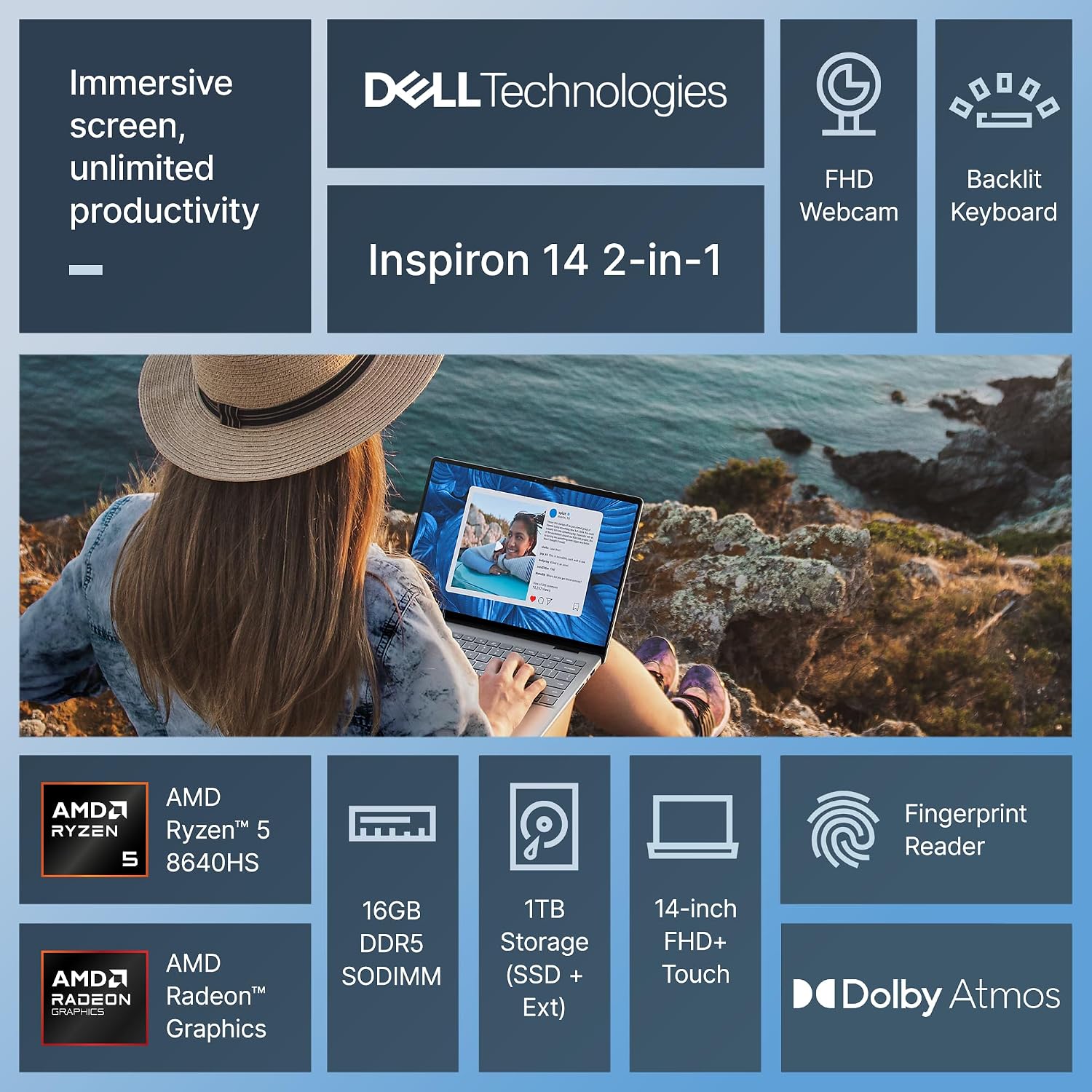Dell Inspiron 14 2-in-1 Laptop for 2026 Business, Lifetime Office, Al Copilot, 14' FHD+ Touchscreen, AMD Ryzen 5, 16GB RAM, 1TB Storage (512GB SSD+500GB Ext), FP, Backlit KB, MarxsolAddon, Win 11 Pro