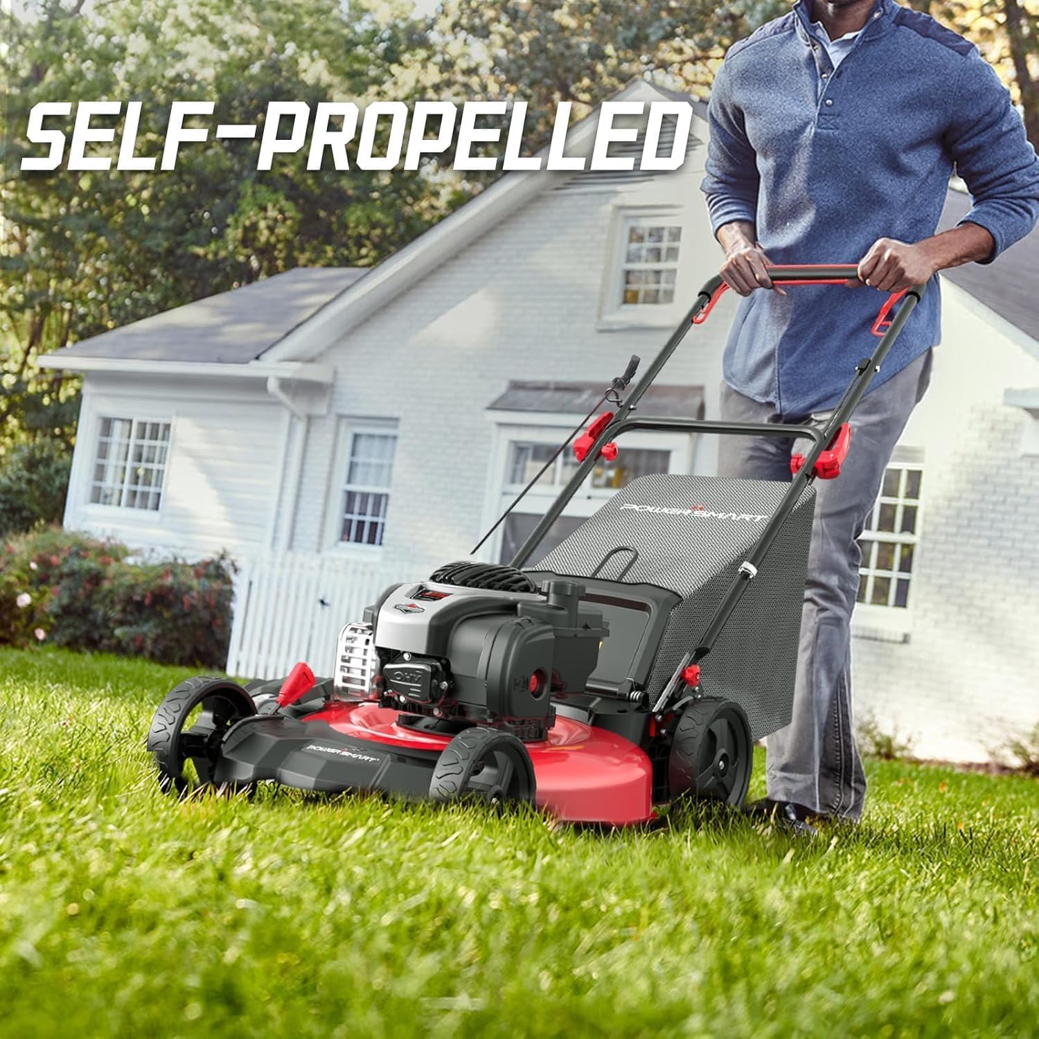 PowerSmart 21-Inch 140cc B&S Engine Self-Propelled Lawn Mower – 6-Position Adjustable Cutting Height, 3-in-1 Mulching, Side Discharge, and Rear Bagging, Easy Start