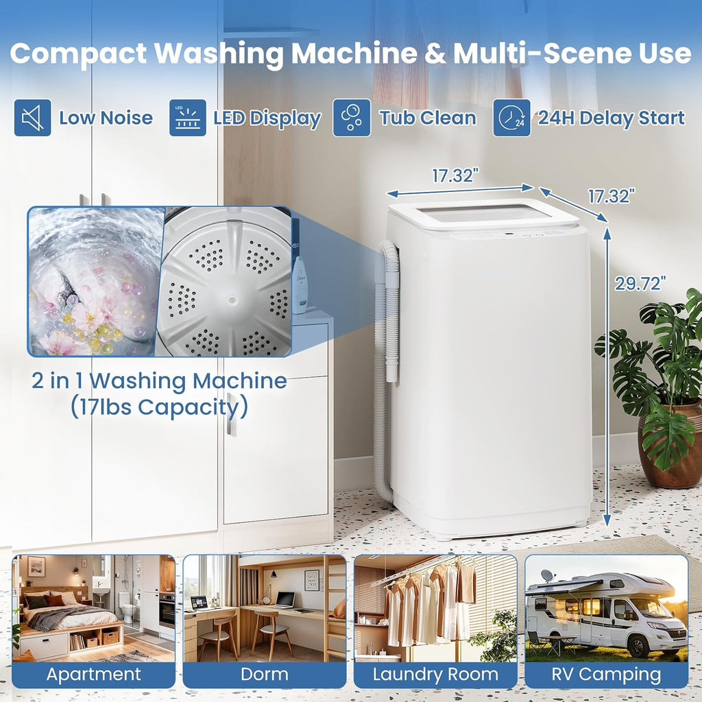 VCJ 17Lbs Portable Washing Machine, Full-Automatic Top Load Washer with 10 Wash Cycles, 3 Water Levels & LED Display, Compact Electric Laundry Washer for Apartment, Dorms, RVs and Camping