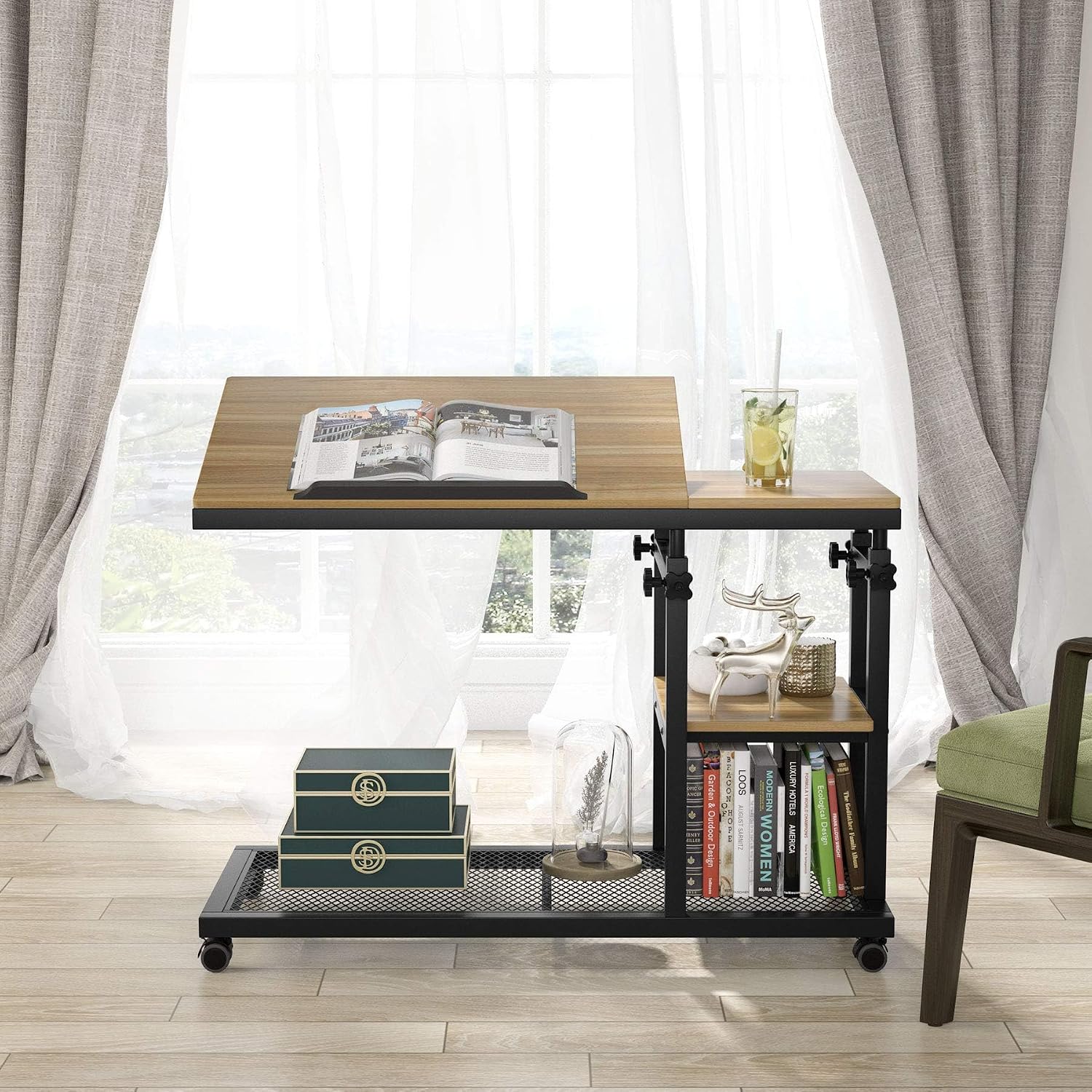 Tribesigns Height Adjustable C Table with Wheels, Mobile Couch Snack Side Table with Tiltable Drawing Board, Sofa Bedside Laptop Stand C Shaped TV Tray with Storage Shelves (Black+Oak)