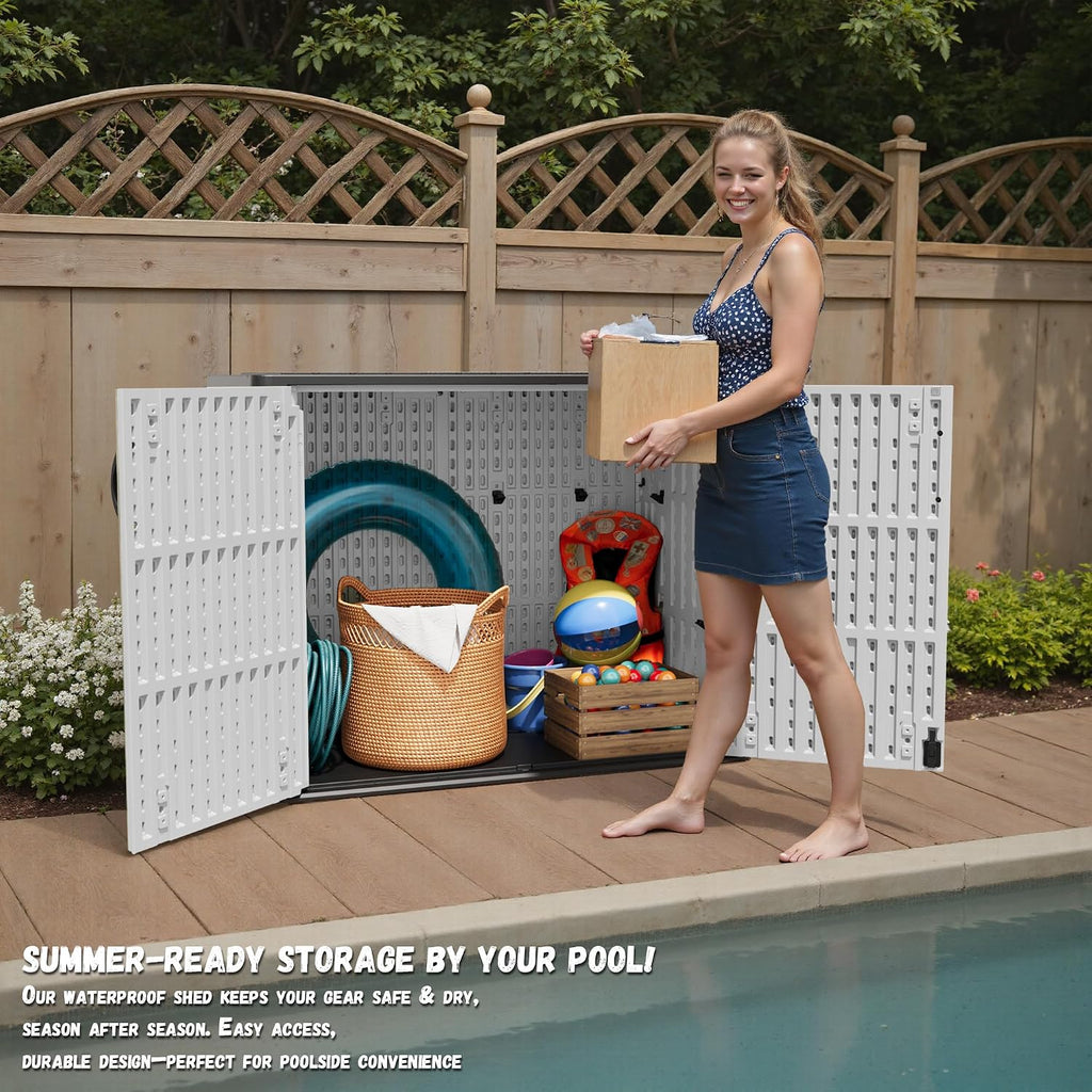 Patiowell 25 Cu.ft Outdoor Storage Cabinet with Lockable Door, Waterproof Horizontal Storage Shed for Tools and Patio Furniture, All-Weather Plastic Shed Easy Assemble for Pool or Backyards, White