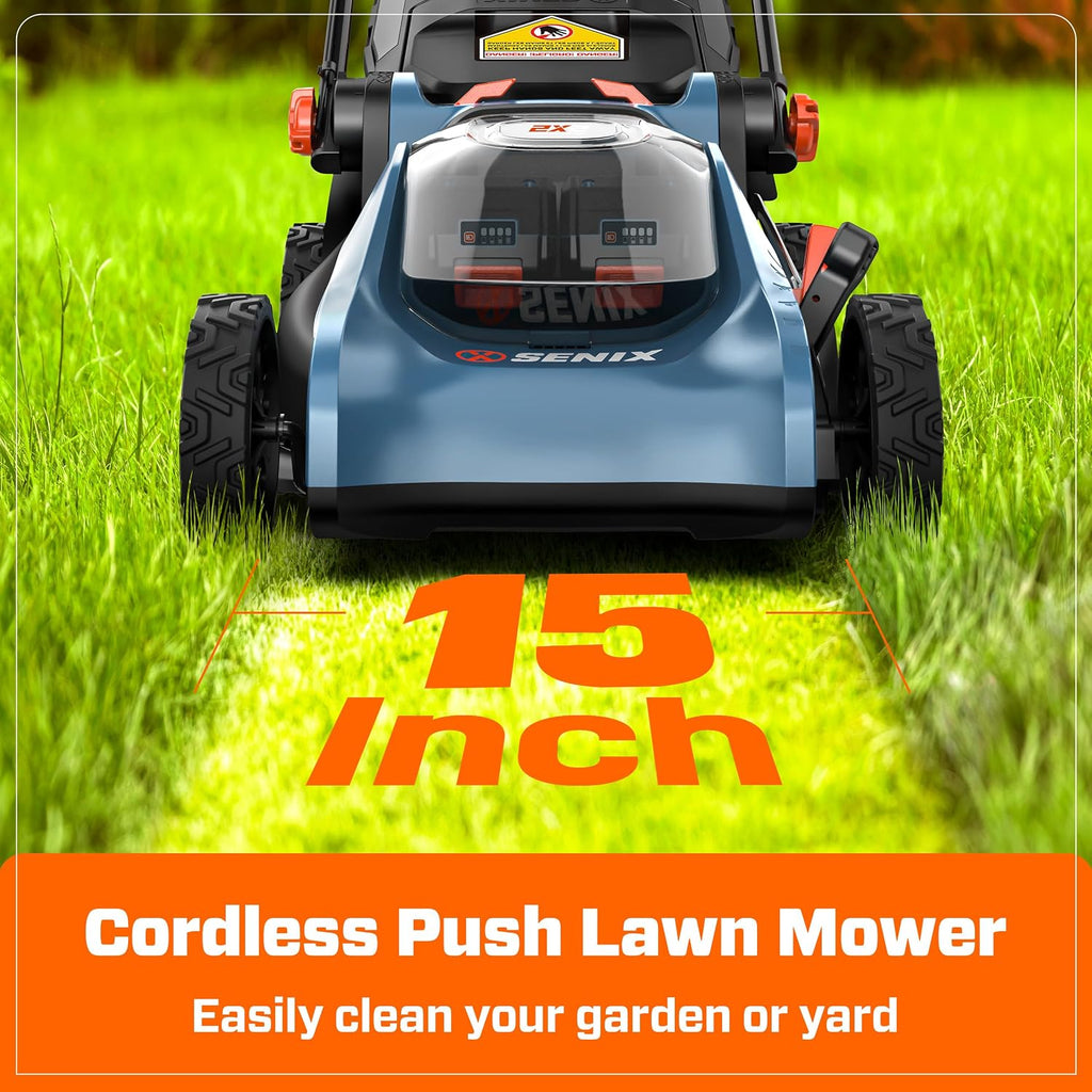 SENIX 40V Max* 15'' Battery Powered Lawn Mower - 1.3 Bushels Grass Bag, 2 X2 4Ah Batteries & 3.0A Charger Included (LPPX2-M4)