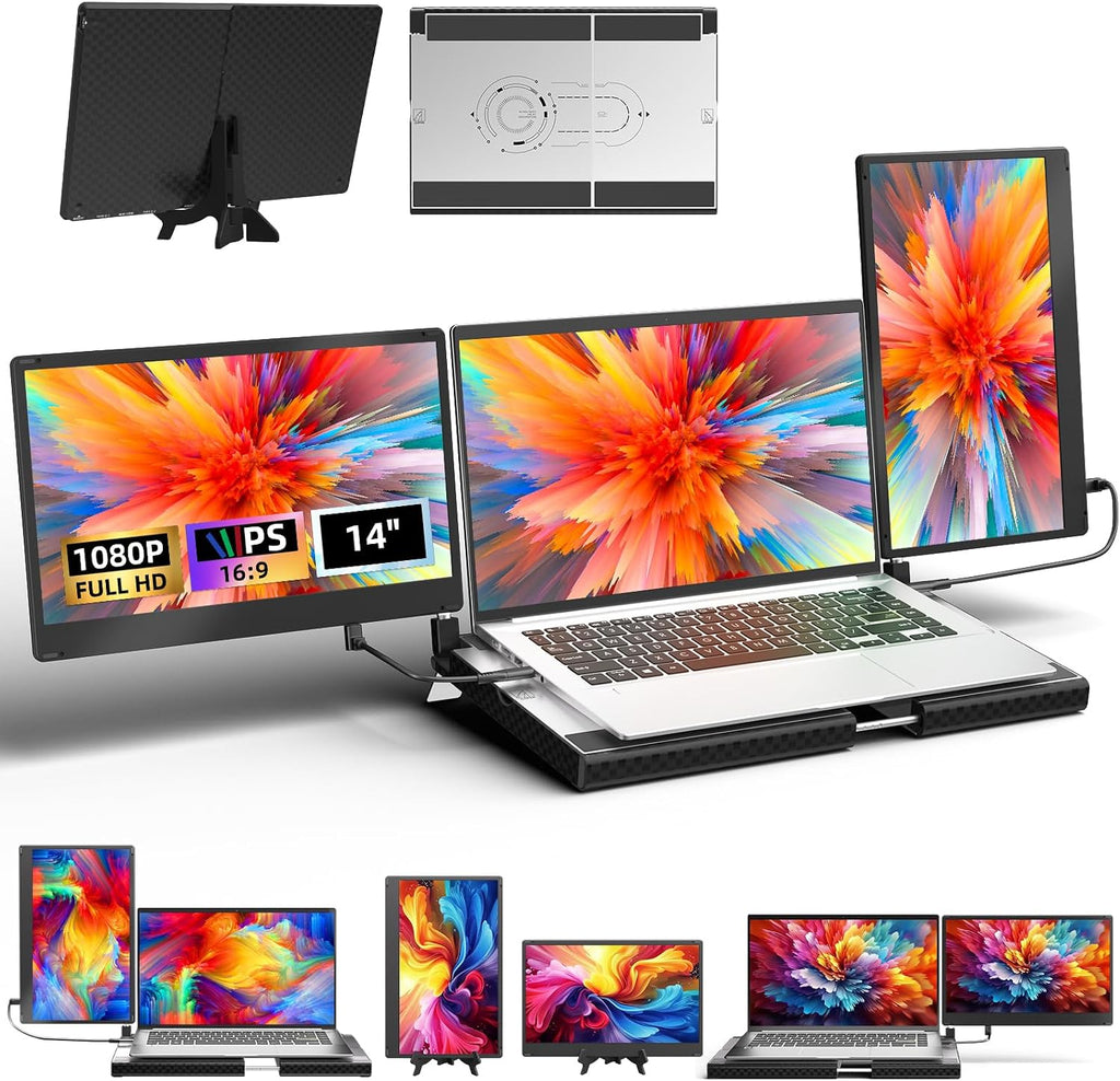 Laptop Triple Screen Extender - 14' Monitor IPS FHD 1080P HDMI USB-C Detachable Portable Display for 12-17.3 Inch Laptops Compatible with Windows Mac Chrome Surface Metal Base Travel Work Setup