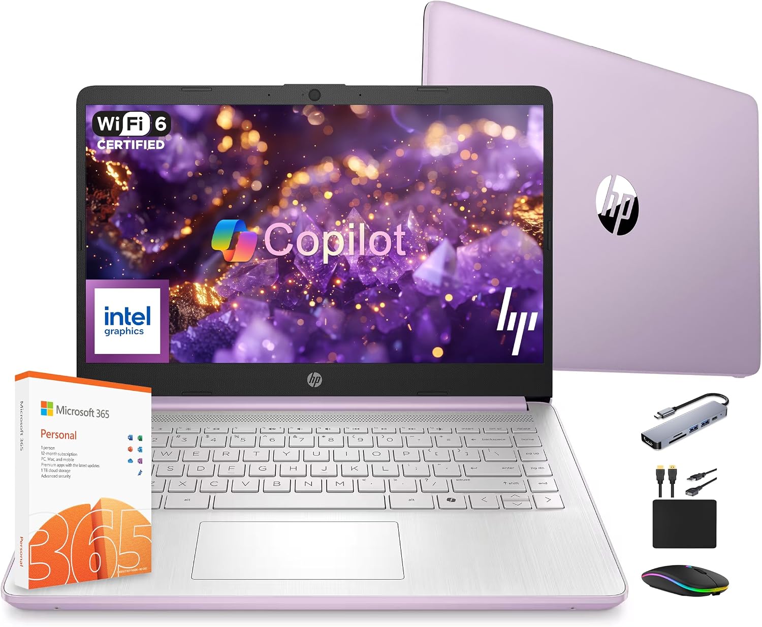 HP 14 Laptop Computer 2025 Ultra Light, AI Copilot Student Business, Quad-Core Intel, 16GB RAM, 628GB Storage (128GB UFS+ 500GB Ext), 1 Yr Office 365, 12 Hr Battery MarxsolAccessory Win 11S, Lavender