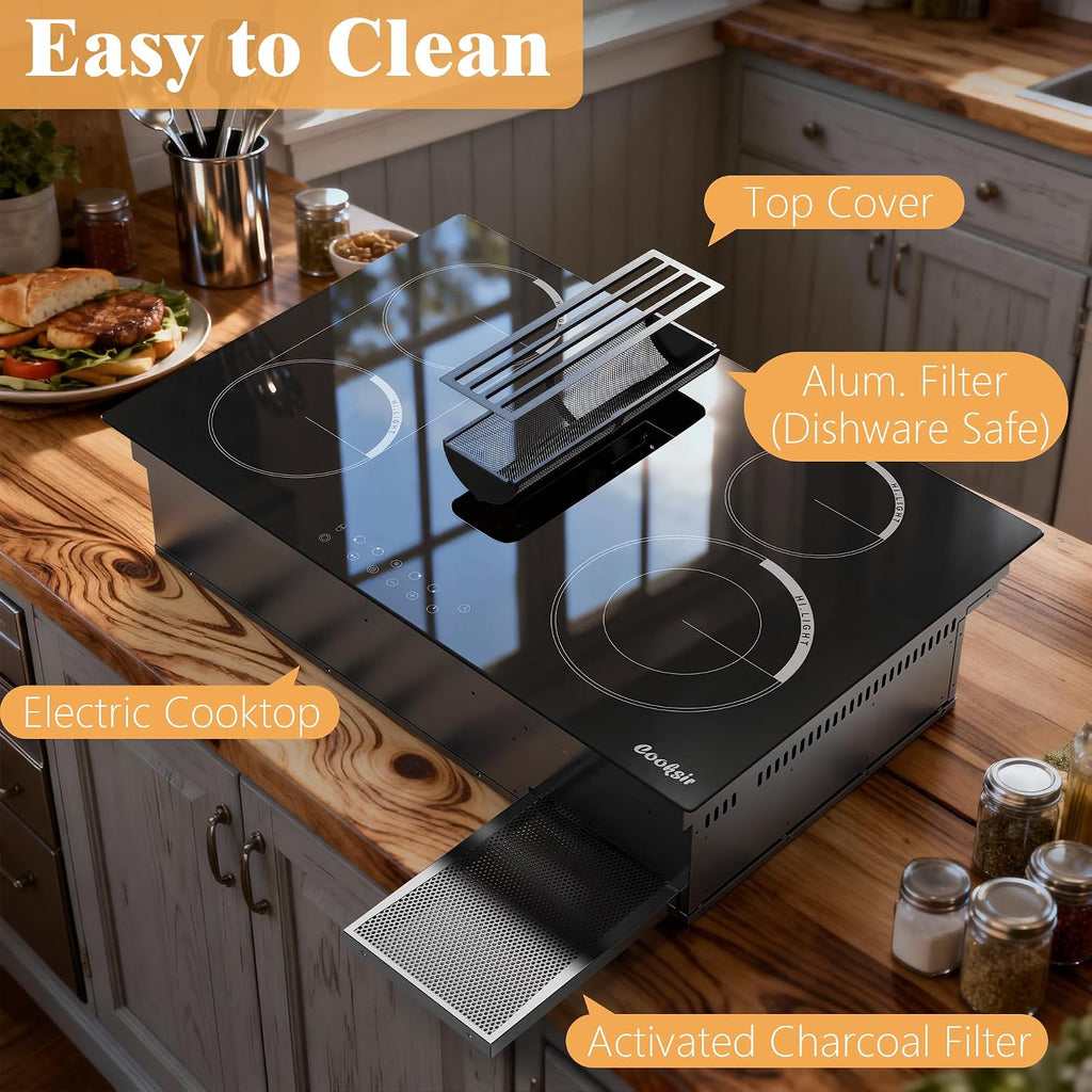 30 Inch Electric Cooktop with Ductless Downdraft - 4 Burner Built-in Stove 7400W, 30' Electric Stove Downdraft Range Hood 135W, Timer, Safety Lock, 220V Hard Wired, Recirculating Air Vent