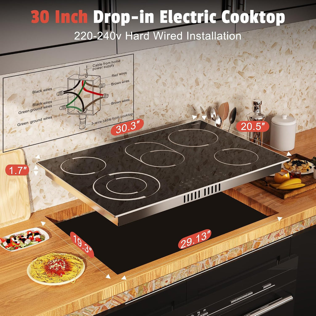 30 Inch Electric Cooktop - 30 Inches Electric Stove 8400W, 5 Burner Ceramic Stovetop Built-in(29.13'x19.3') with Metal Frame, 99 Mins Timer, Safety Lock, Dual Ring, 220V Hard Wired (No Plug)
