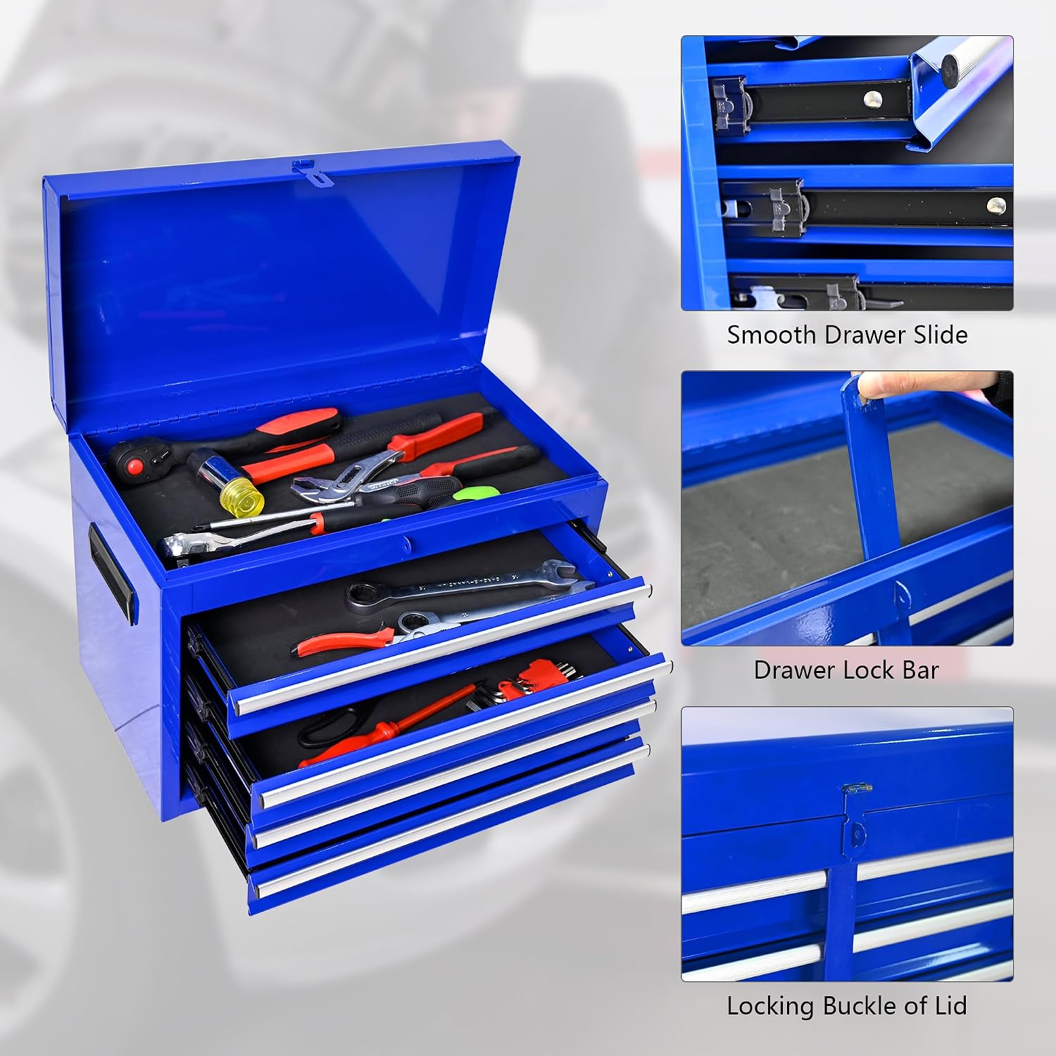 5-Drawer Tool Chest, Rolling Tool Box with Detachable Top Toolbox & Universal Wheels, Tool Cabinet with Lock Bar, Protective Liner & Tool Rack, Metal Storage Cart for Garage,Workshop (Blue)