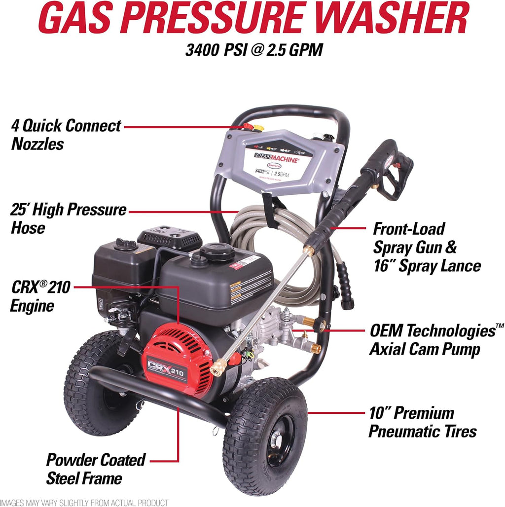 Simpson 3400 PSI Gas Pressure Washer, 2.5 GPM Residential Power Washer, Cold Water, 25' Hose, Clean Machine, 49-State Compliant (CM61083)