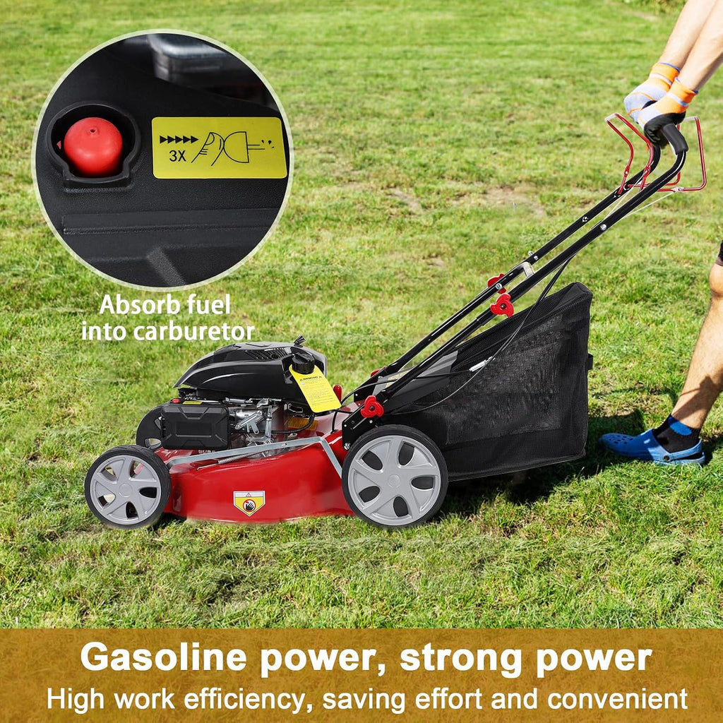 3 in 1 Gas Lawn Mower Self Propelled,141cc OHV Engine with Air Cooling, 20' Steel Deck, 8-Level Height Adjustment, 50L Grass Tank, Foldable Design Red