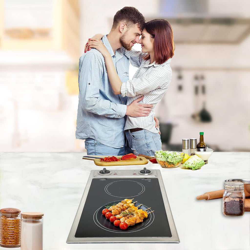 Summit CR2B120 12-inch Wide 115V 2-Burner Radiant Electric Cooktop, Jet Black Glass Easy to Clean, Two Burner Total 2400W, Push-to-Turn Knob Control, Indicator Light, Hot Warning, Easy Plug-In