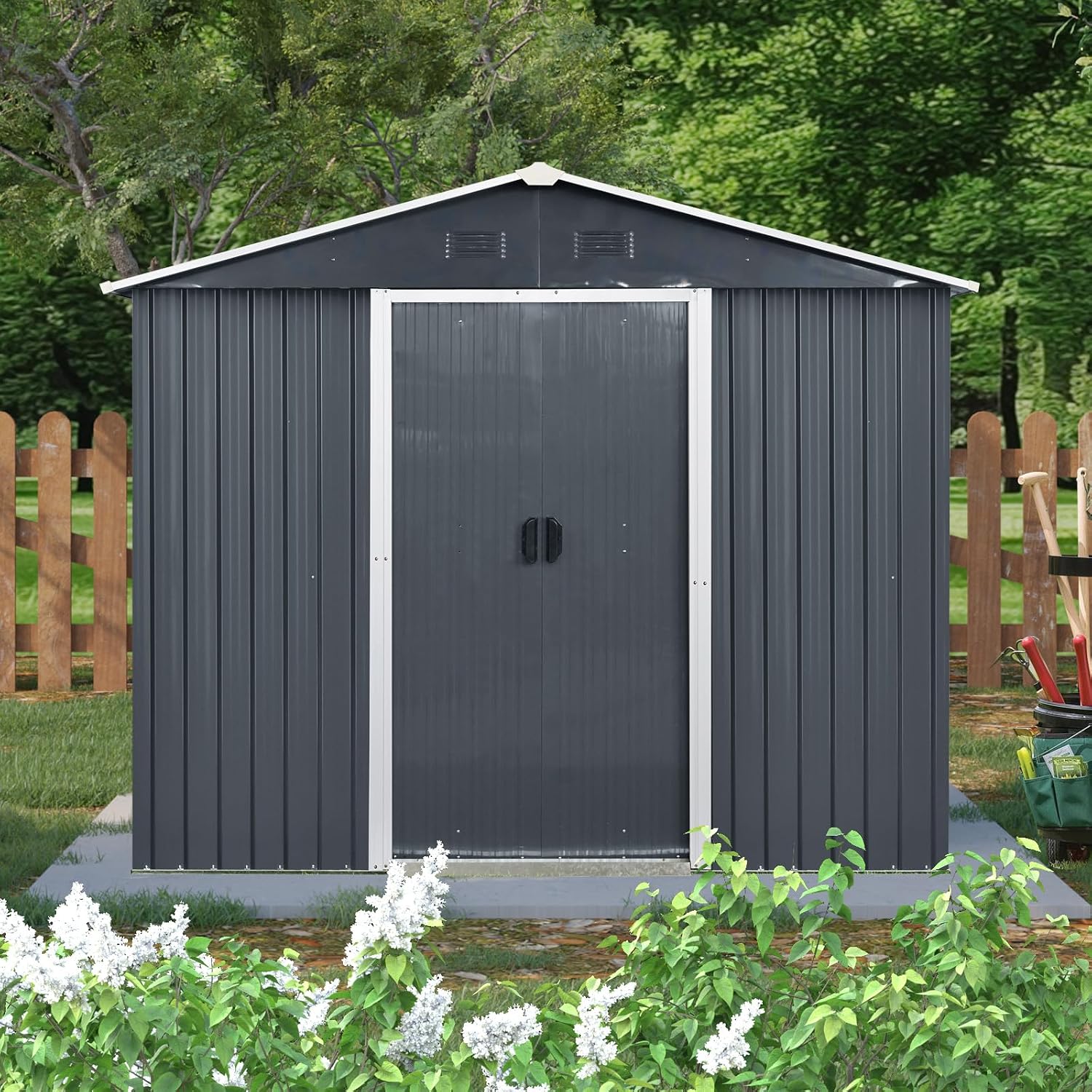 8 x 4 FT Outdoor Storage Shed, Metal Garden Shed with Floor Frame, Tool Shed Outdoor Storage with Lockable Sliding Doors & Window & Air Vent, Storage House Waterproof for Backyard, Lawn, Black + White