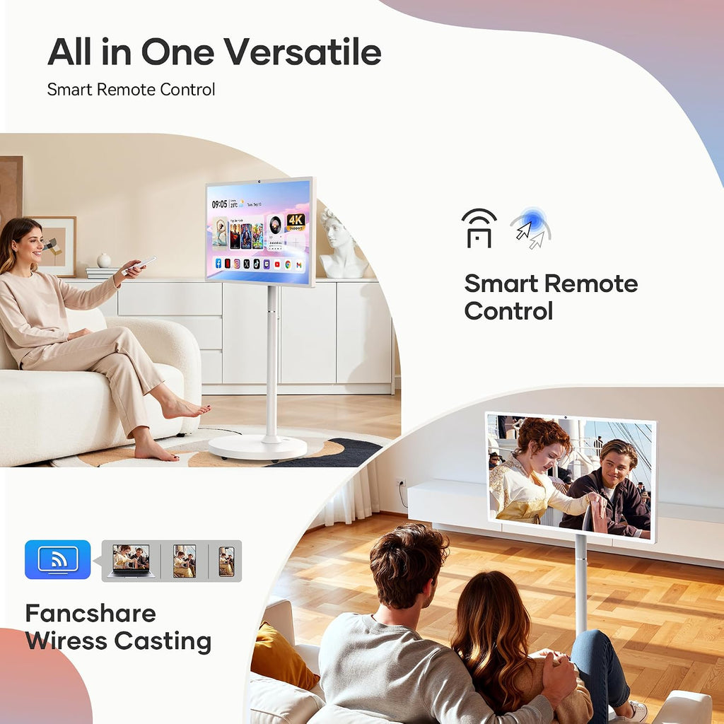 Bisprico 32 Inch UHD 4K Portable Smart TV on Wheels, Qualcomm Snapdragon 710 CPU, Built-in 8-10H Battery, 8+128GB, Android 14 OS Touch Screen Monitor, 8MP Camera, Full Swivel Rotation, Remote Control