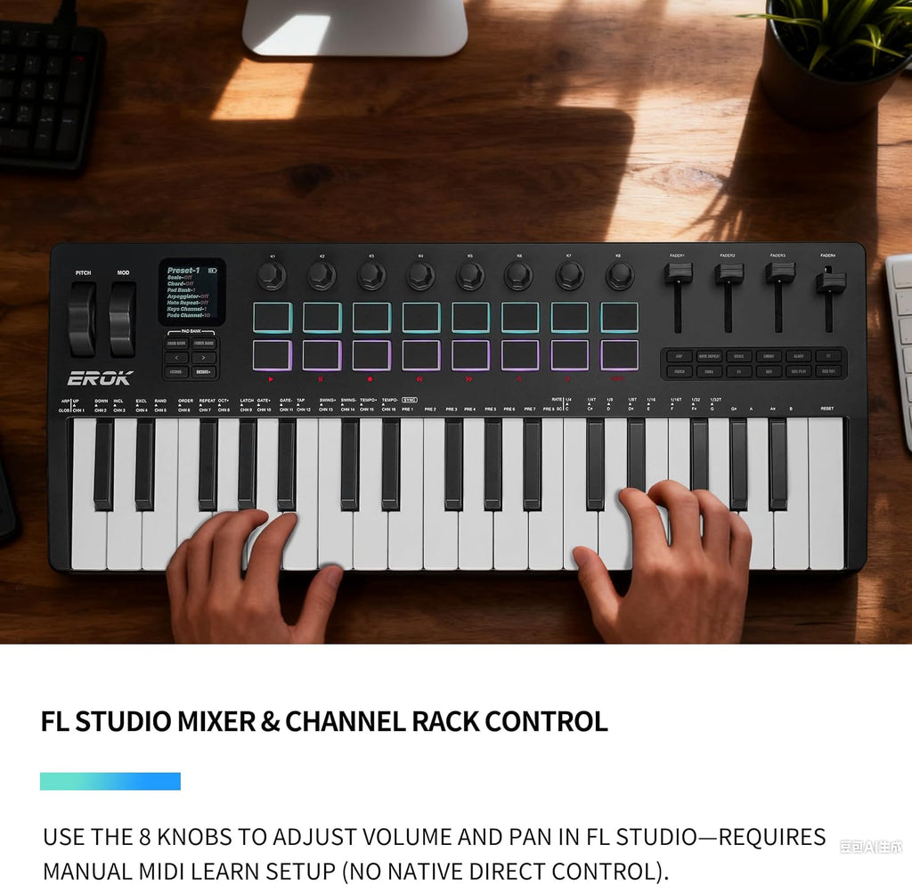 EROK 37 Keys MIDI Keyboard Controller with 3.5mm MIDI Output, 16 Backlit Drum Pads, 8 Knobs, DAW Integration & Arpeggiator, Music Production Equipment and Studio Controller (Black)