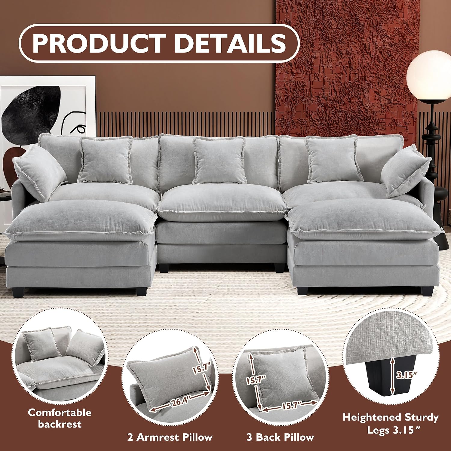 Ihanherry 111.4' U Shaped Modern Cloud Sofa Modular Sectional Couch with 2 Ottoman, 5-Seat Chenille Deep Seat Sofa with Pillow for Living Room, Bedroom and Apartment, Grey