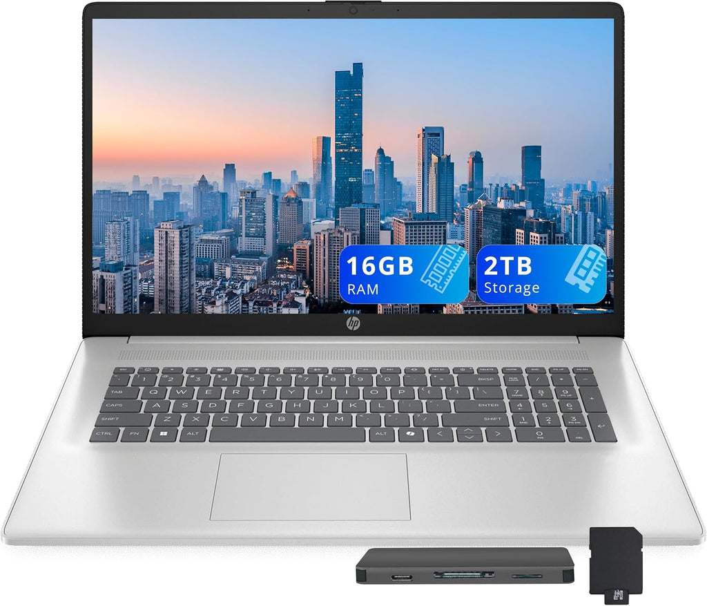 HP 17.3' FHD Laptop for Business, Intel i7-1355U, 16GB RAM, 2TB Storage (1TB SSD+1TB Docking Station Set), Intel Iris Xe Graphics, Full-Size Keyboard, Copilot, Wi-Fi 6, 720p Camera, Win 11, Silver