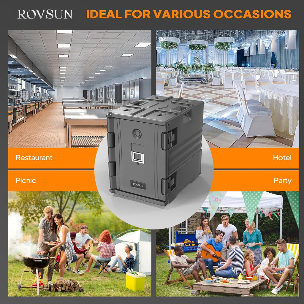 ROVSUN Hot Box Food Warmer 82 QT, Insulated Food Pan Carrier for 5 Full-Size Pan w/Wheels Double Buckles and Handles, Stackable Hot Boxes for Catering Restaurant Canteen Family Party