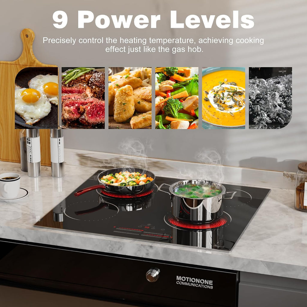 Hobsir 24 Inch Electric Cooktop 4 Burner 6000W, 24' Radiant Electric Stove Top, Built-in Ceramic Stove Top with Sliding Control, Timer, Safety Lock, 9 Power Levels, 220V-240V Hard Wire (No Plug)