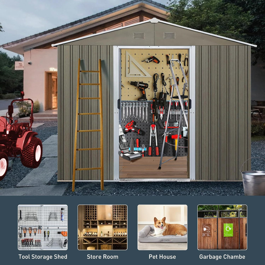 8 x 6 FT Outdoor Storage Shed, Metal Garden Shed with Floor Frame, Tool Shed Outdoor Storage with Lockable Sliding Doors & Window & Air Vents, Storage House Waterproof for Backyard, Lawn, Gray