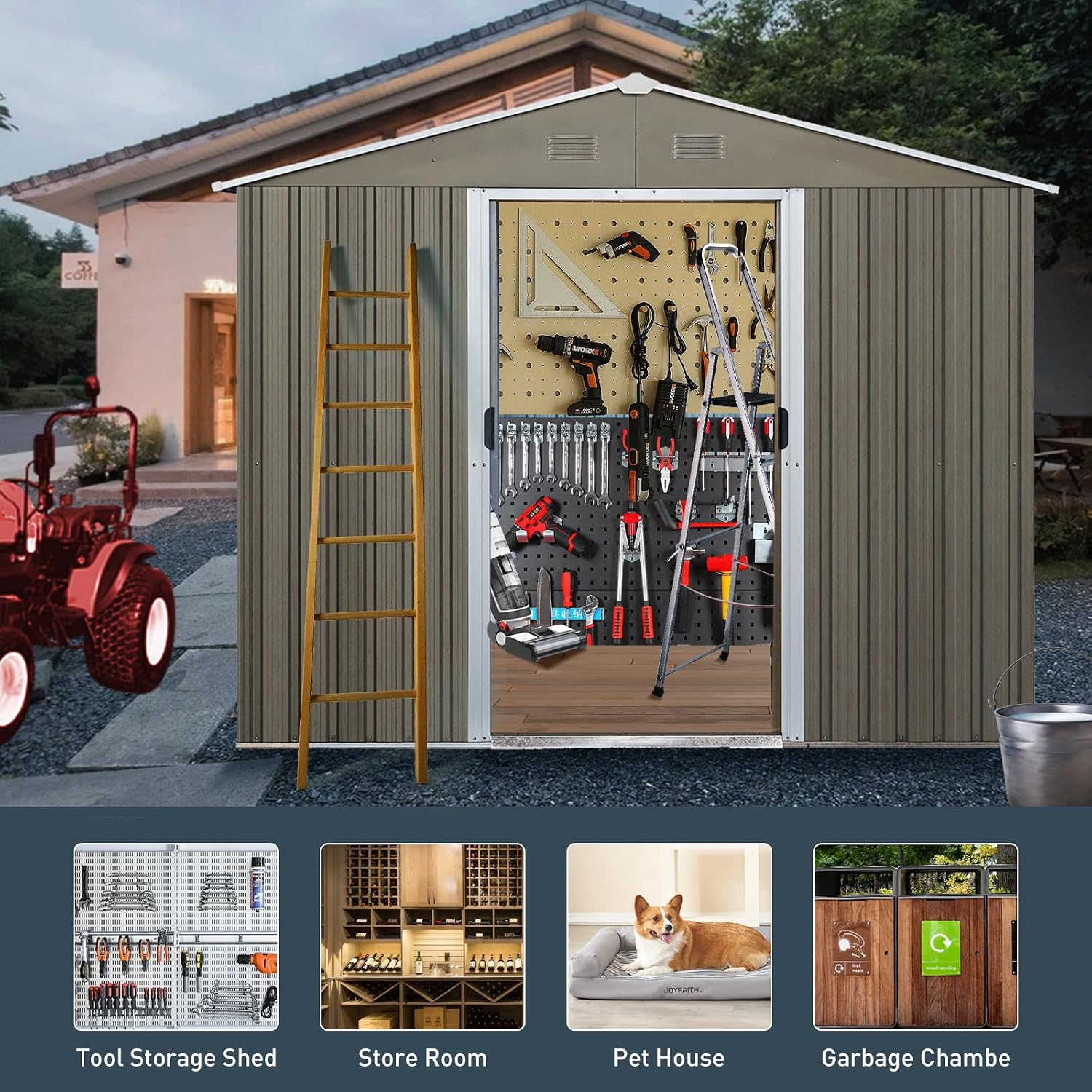 8 x 6 FT Outdoor Storage Shed, Metal Garden Shed with Floor Frame, Tool Shed Outdoor Storage with Lockable Sliding Doors & Window & Air Vents, Storage House Waterproof for Backyard, Lawn, Gray