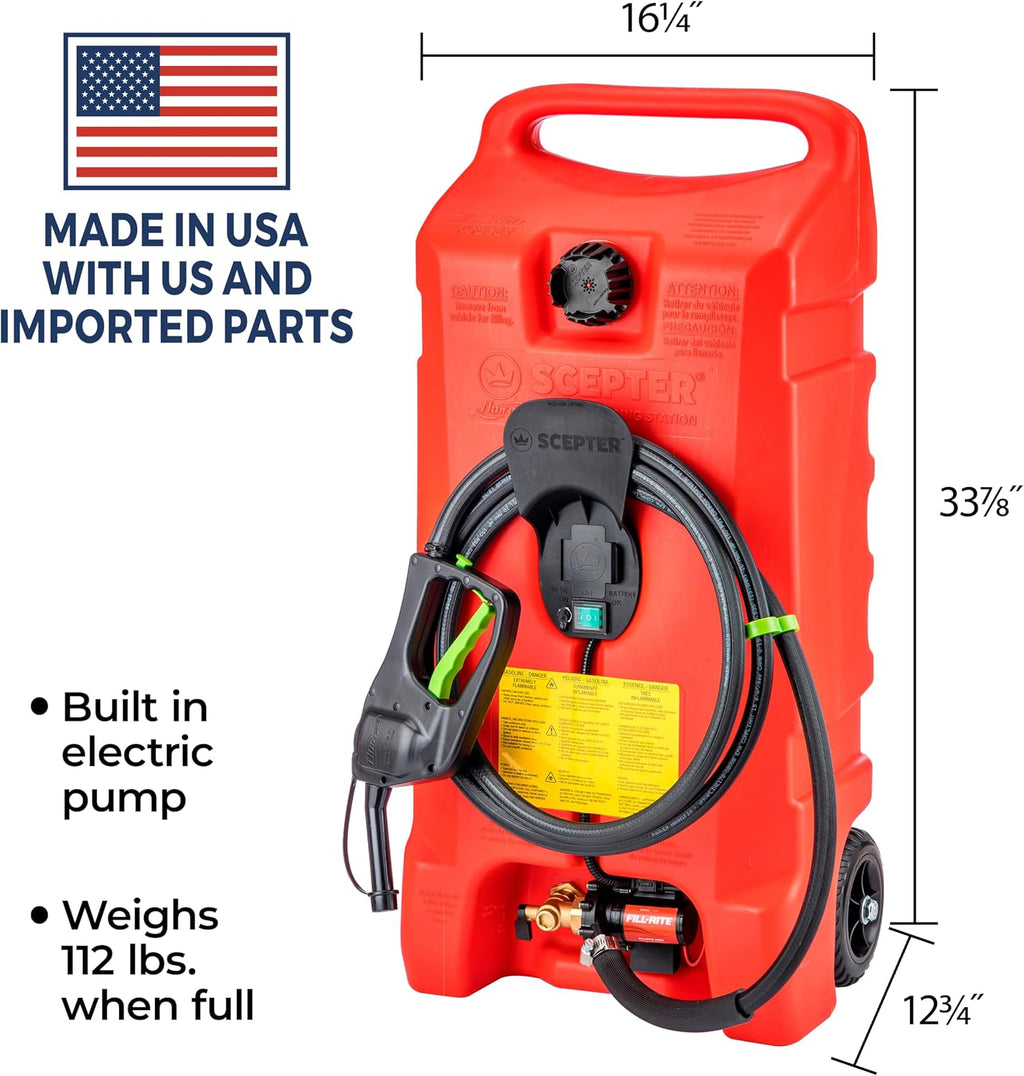 Scepter 14 Gallon Gas Caddy with Electric Fuel Pump, Flo 'N Go Powered Portable Fuel Tank with Fill-Rite Transfer Pump and 10-Foot Hose for Farm, Marine, Commercial, and Home Use, Red