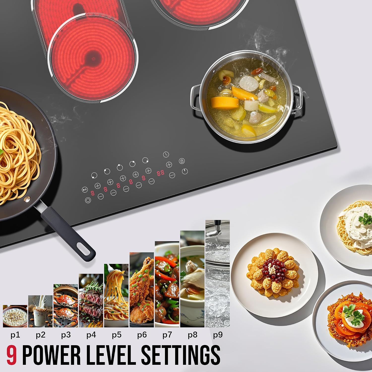 30 Inch Electric Cooktop, Built-in 5 Burner Electric Stovetop 8400W, 30' Glass Ceramic Cook Top with Expanded Zone, Child Safety Lock, Timer, Pause Control, 220V - 240V Hard Wire, No Plug