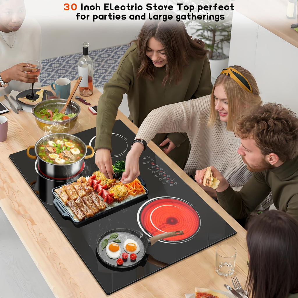 30 Inch Electric Cooktop 5 Burner 8400W Electric Stove 30 Inches Built-in Ceramic Stovetop with Touch Control, Timer, 9 Power Level, Safety Lock & Pause, 220V-240V Hard Wird (No Plug)