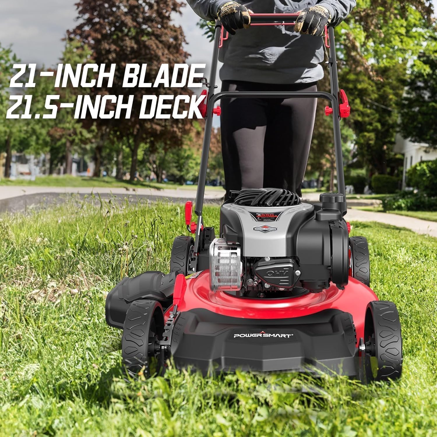 PowerSmart 21' 3-in-1 Gas Push Lawn Mower with 140cc 4-Stroke Engine - Wide Cutting Deck, 6 Height Adjustments, Mulching Capability