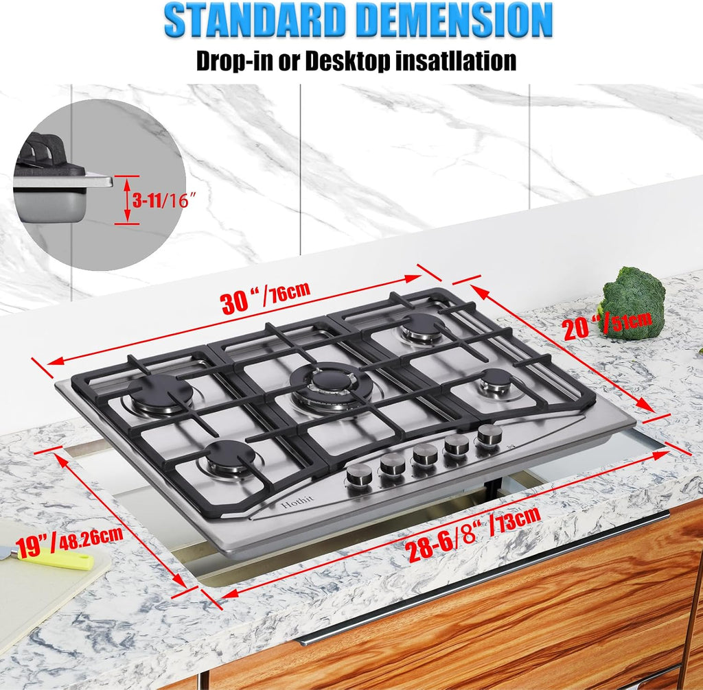 Hothit 5 Burner 30 inch Gas Cooktop, LPG/NG Dual Fuel Built-in Electronic Ignition Propane Stove Top with Pressure Regulator, Stainless Steel Gas Hob for Kitchen, Apartment, Outdoor(AHT30IN30S)