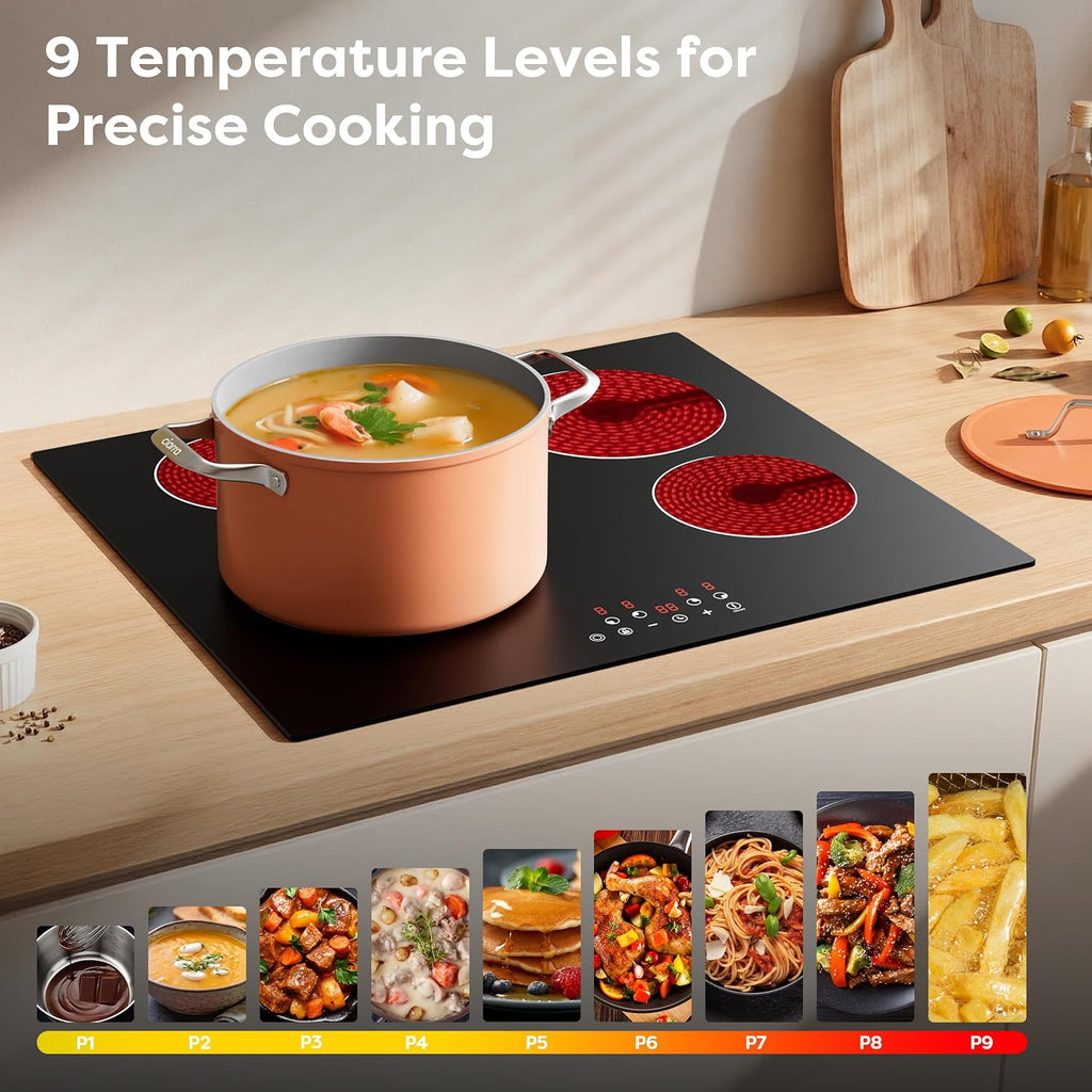 CDV Electric Cooktop 4 Burner 24 Inch, 6400W Built-in Ceramic Electric Stove Top, 220-240v Radiant Cooktop with 9 Heat Levels, 99min Individual Timer, Child Lock & Multiple Safety Protection (No Plug)