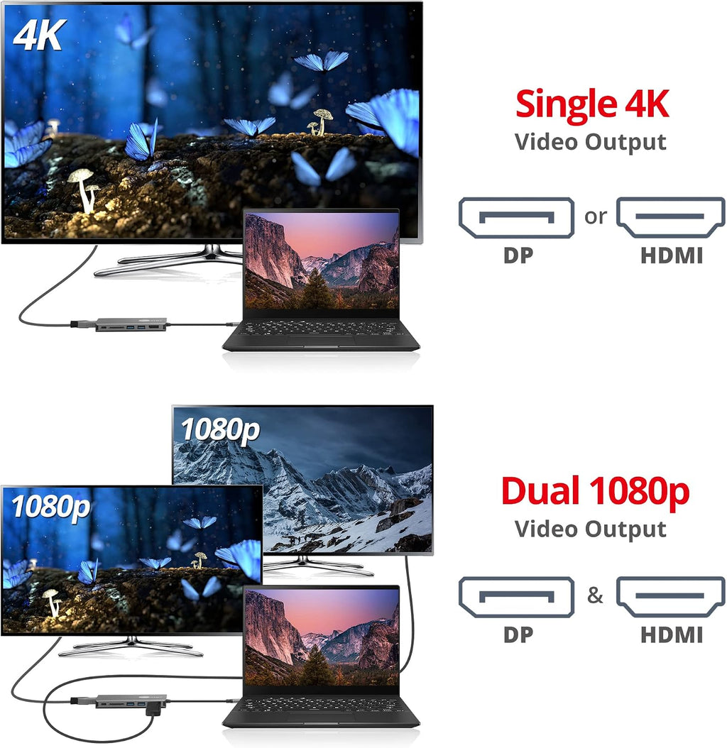 SIIG USB-C MST Hub with 4K@30Hz HDMI or DisplayPort, 1080p Dual Display, 100W Power Delivery Charging, 1 Gbps Ethernet, USB-C and 2X USB 3.1 Gen1 Type-A Data Ports, SD Card Slot (JU-DK0F11-S1)