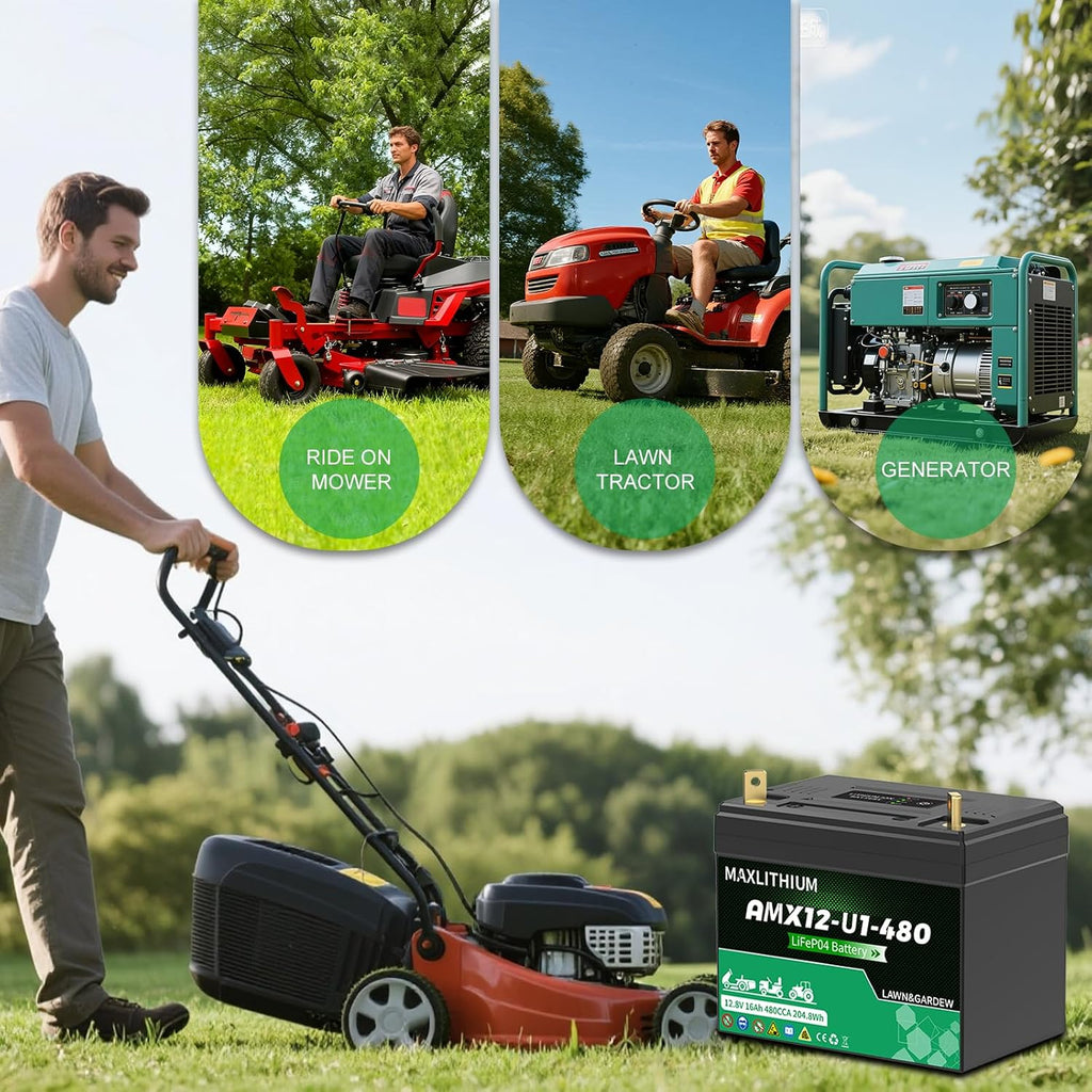 480CCA Group U1 Lithium LiFePO4 Lawn Mower Battery - 12.8V 16Ah with Power Indicator Compatible for Ride on Lawn Tractor, Fits for Craftsman, Cub Cadet, Troy-Bilt & Generators