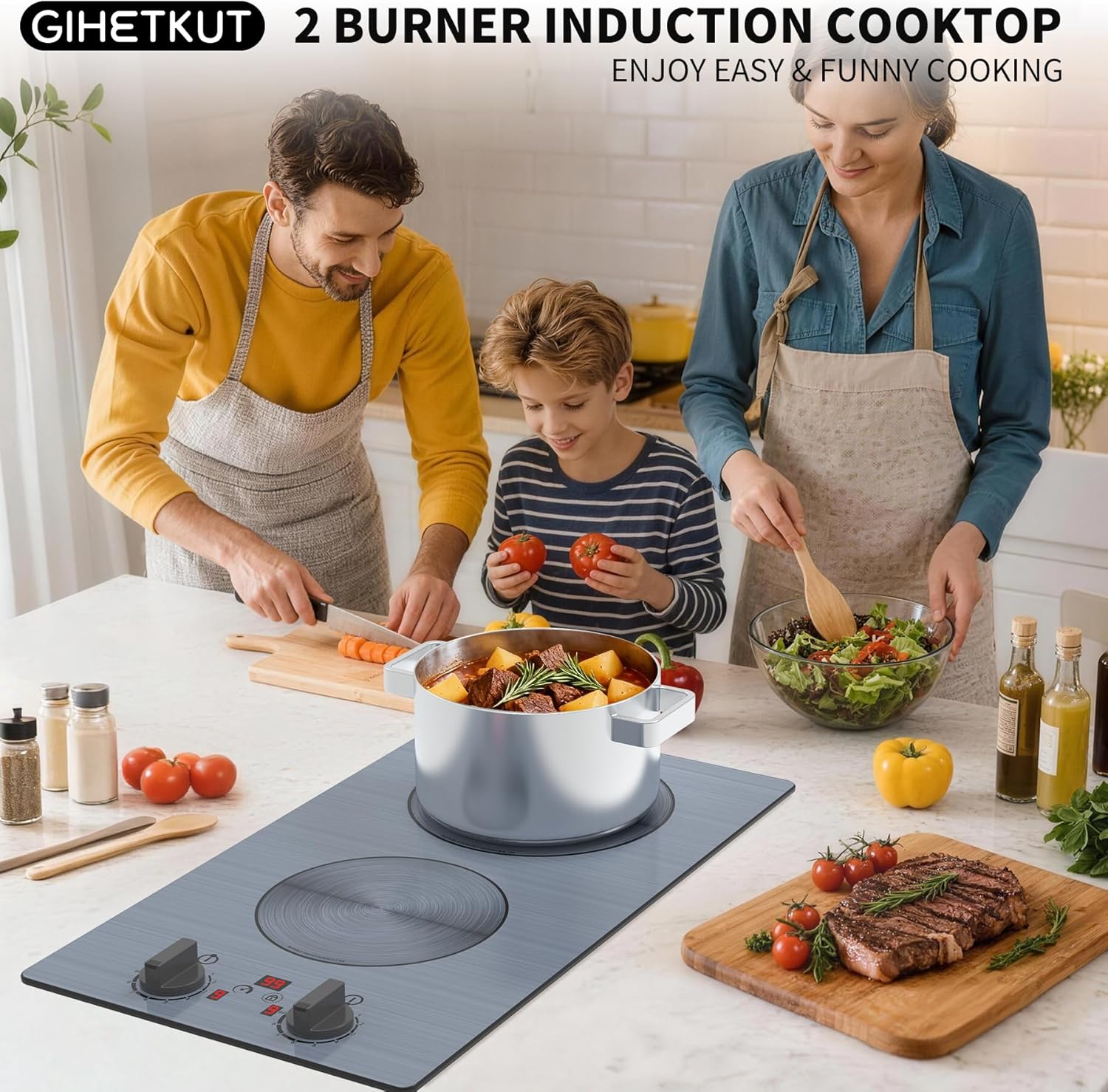 GlHETKUT Induction Cooktop,110V 2300W double burner hot plate with LED Touch Screen,9 Power Levels,Kids Lock & Timer,knob and touch control 2 burner induction cooktop