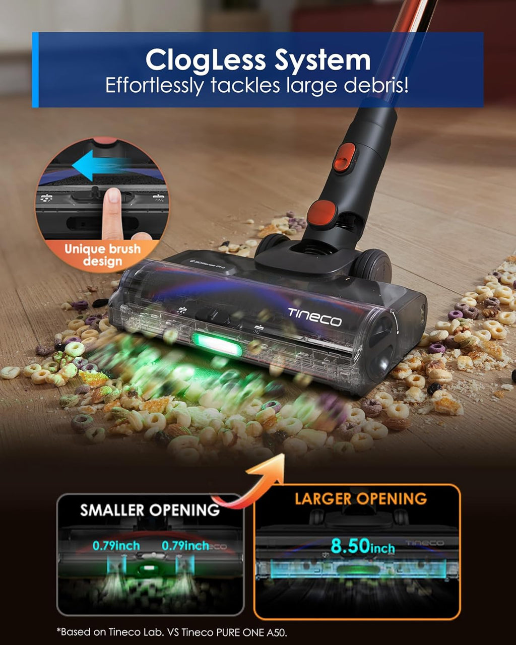 Tineco Pure ONE S70 Cordless Vacuum Cleaner, 200AW Powerful Suction, 3D Sense Pro Cleaning System, 6-Stage Filtration with 95min Runtime, Zero Tangle Brush with 180° Foldable Tube (Blue&Orange)