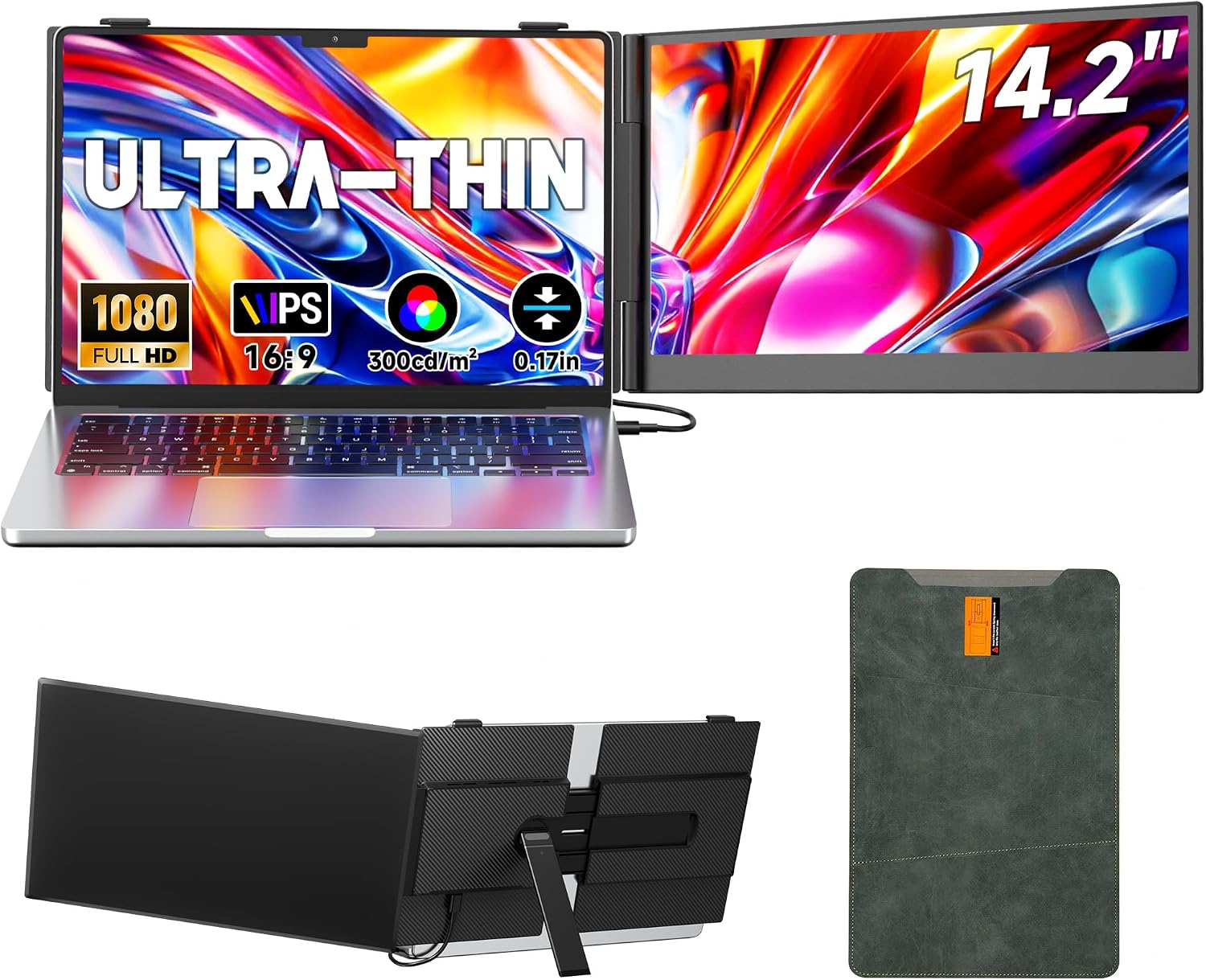 Laptop Screen Extender 0.17' Ultra-Thin, 14.2' FHD 1080P IPS Portable Monitor for Laptop, Dual Screen Travel Monitor Extender Suitable for 13'-17.3' Plug & Play for Windows/Mac/Android/Switch/PS-5