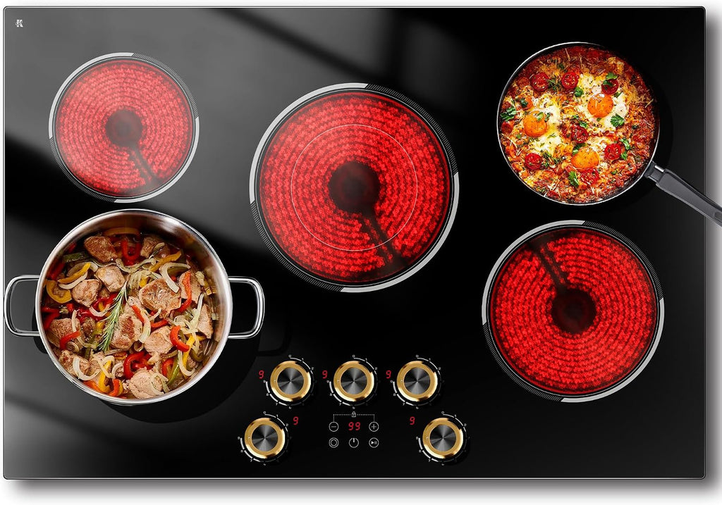 30 Inch Electric Cooktop, 30' Electric Stove 8500W, 5 Burner Ceramic Cook Top Built-in, Knob & Touch Control, Expanded Zone, Child Lock, Pause Function, 220V - 240V Hard Wire, No Plug