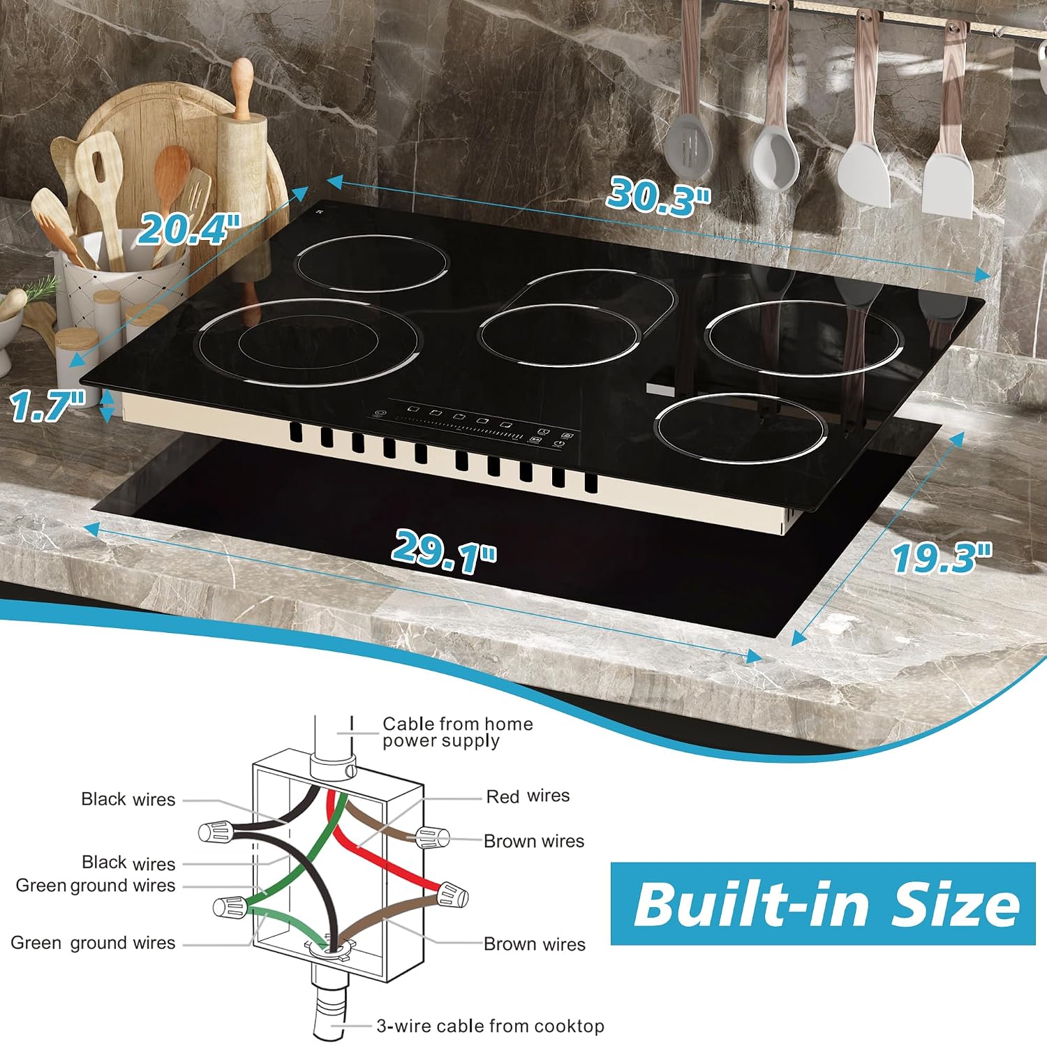 5 Burner Electric Cooktop, 30 Inch 8400W Built-in Electric Stovetop, Glass Ceramic Cooktop with Expanded Zone, Slide Touch Control, Child Lock, Timer, Pause, 220V - 240V Hard Wire, No Plug