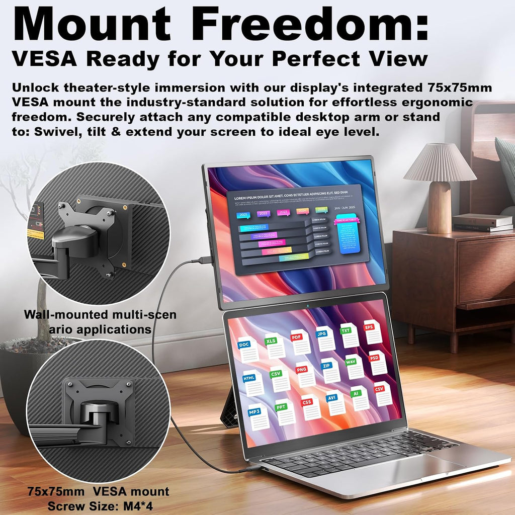 domyfan 16.1'' Laptop Screen Extender, 360° Rotating Detachable Stand/VESA Support, FHD 1200P IPS Portable Monitor, Plug & Play with HDMI/USB-A/Type-C, Compatible Win/Mac/Android