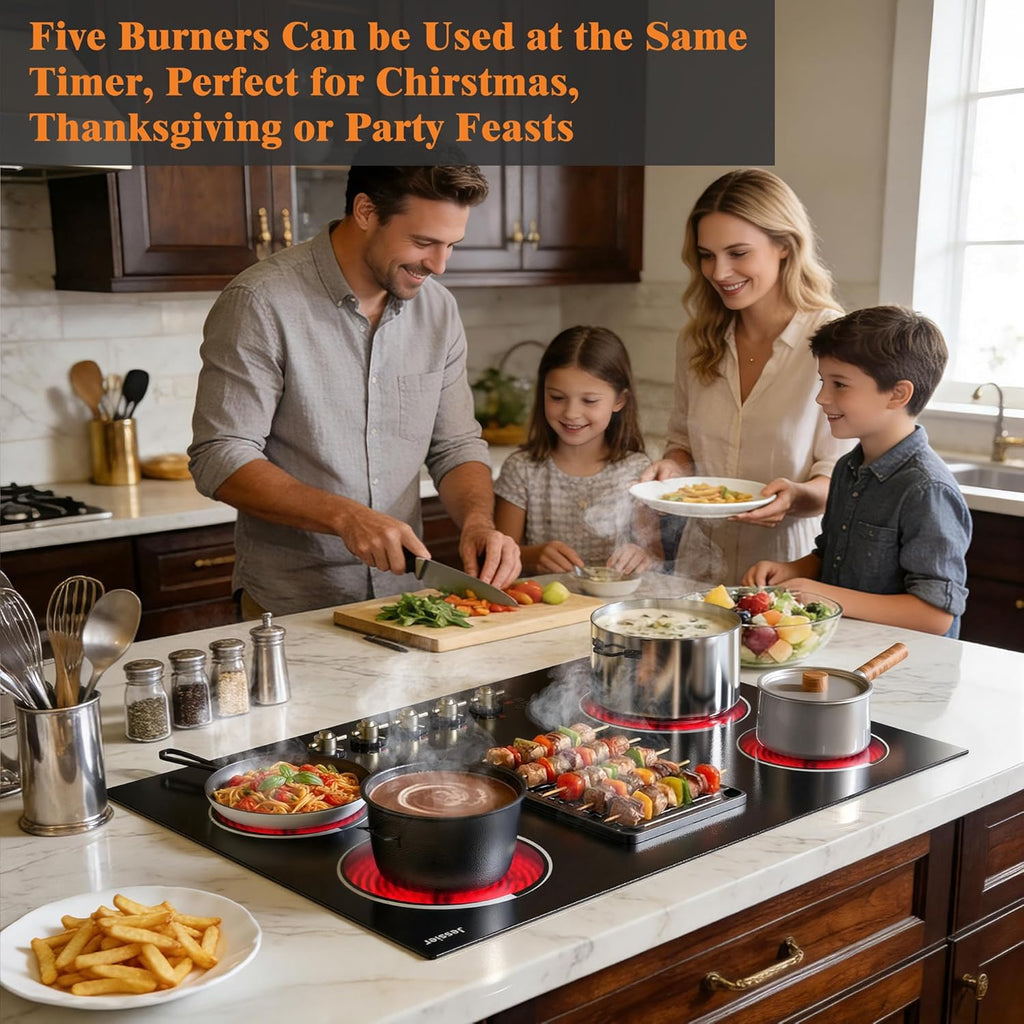 Electric Cooktop 30 Inch - 8400W High Power 5 Burners Electric Stovetop, Built-in 30 Inches Ceramic Burner Knob and Touch, Timer, Safety Lock, Expandable Ring, 220-240V Hard Wired (No Plug)