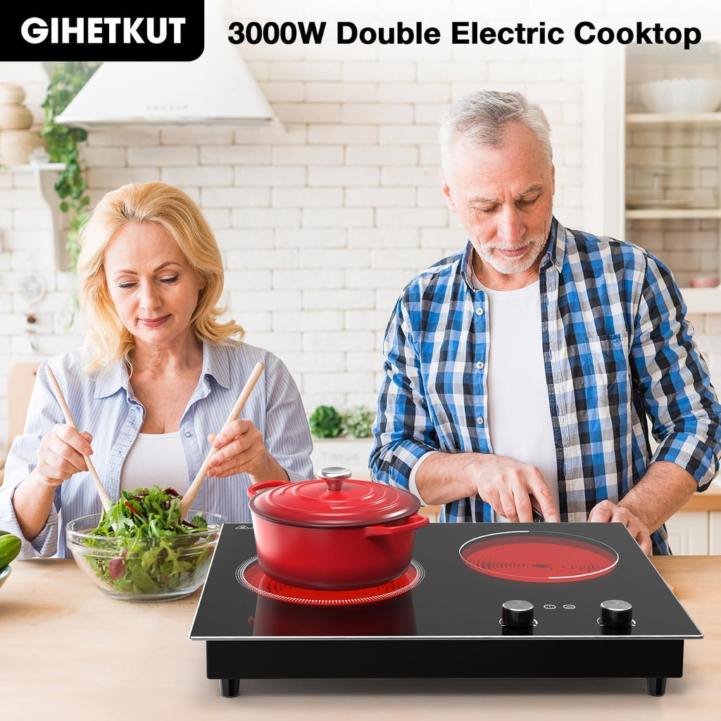 GIHETKUT Electric Cooktop,1110V 2100W 2 Burner stove,Built-in & Countertop Stove Top with10 Heating Level, Timer & Kid Safety Lock, LED Knob Touch Control 2 Burner Electric Cooktop