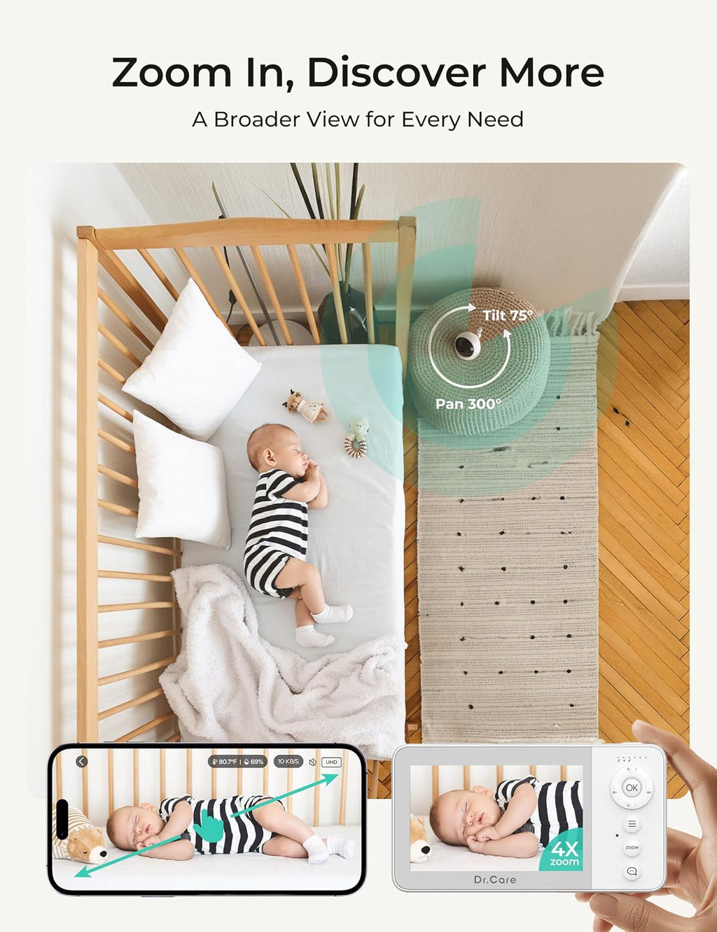 Dr.Care VistaView Lite RB Smart WiFi Baby Monitor with 2 Cameras - 4' 720P Split Screen & 1080P Camera App Control, Motion Alerts, 2500mAh Removable Battery, Night Vision, 2-Way Talk, Multi-User